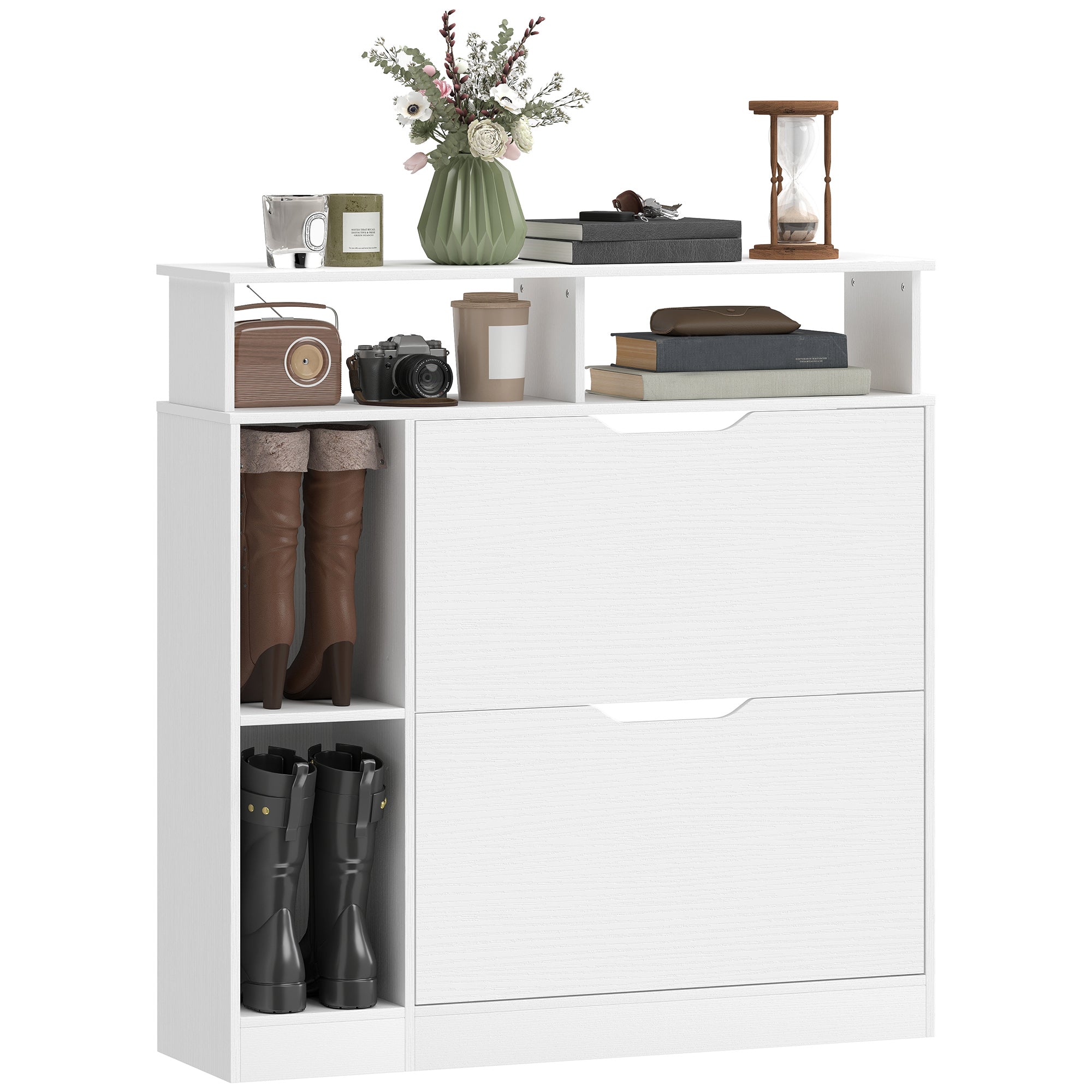 Meuble à Chaussures, Armoire à Chaussures Étroite avec 2 Tiroirs Rabattables, Compartiments Ouverts et Étagère Réglable, pour Couloir et Entrée, 89 x 25 x 92 cm, Blanc