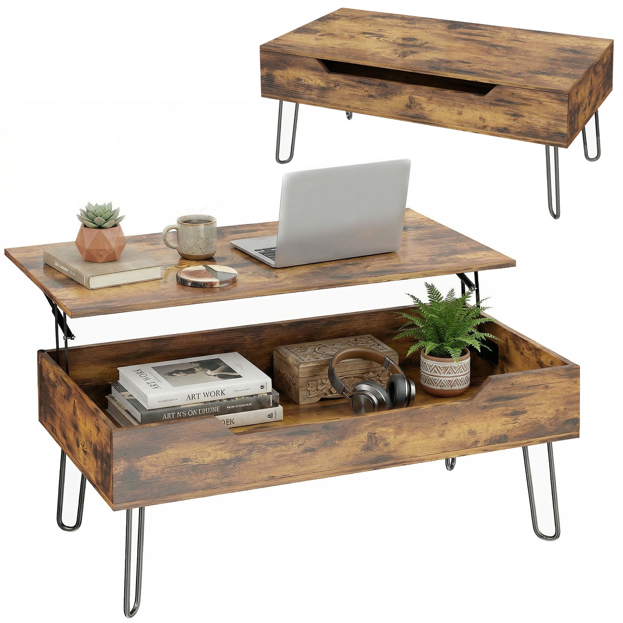 Table Basse Rectangulaire en Bois avec Grand Rangement Caché, Hauteur Réglable, Table de Salon Industrielle avec Pieds en Métal, pour Chambre, Séjour, Bureau, 95 x 50 x 40 cm, Marron Rustique