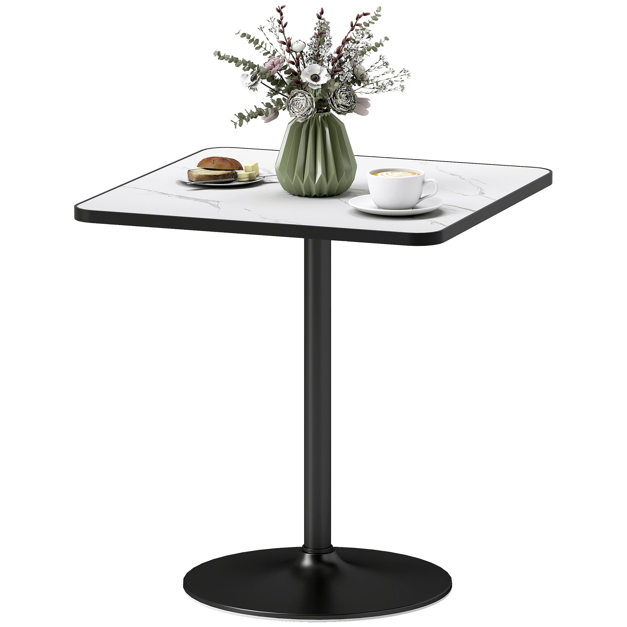 Table à manger pour 4 personnes table de cuisine style moderne avec plateau effet marbre et base ronde, 70 x 70 cm, blanc