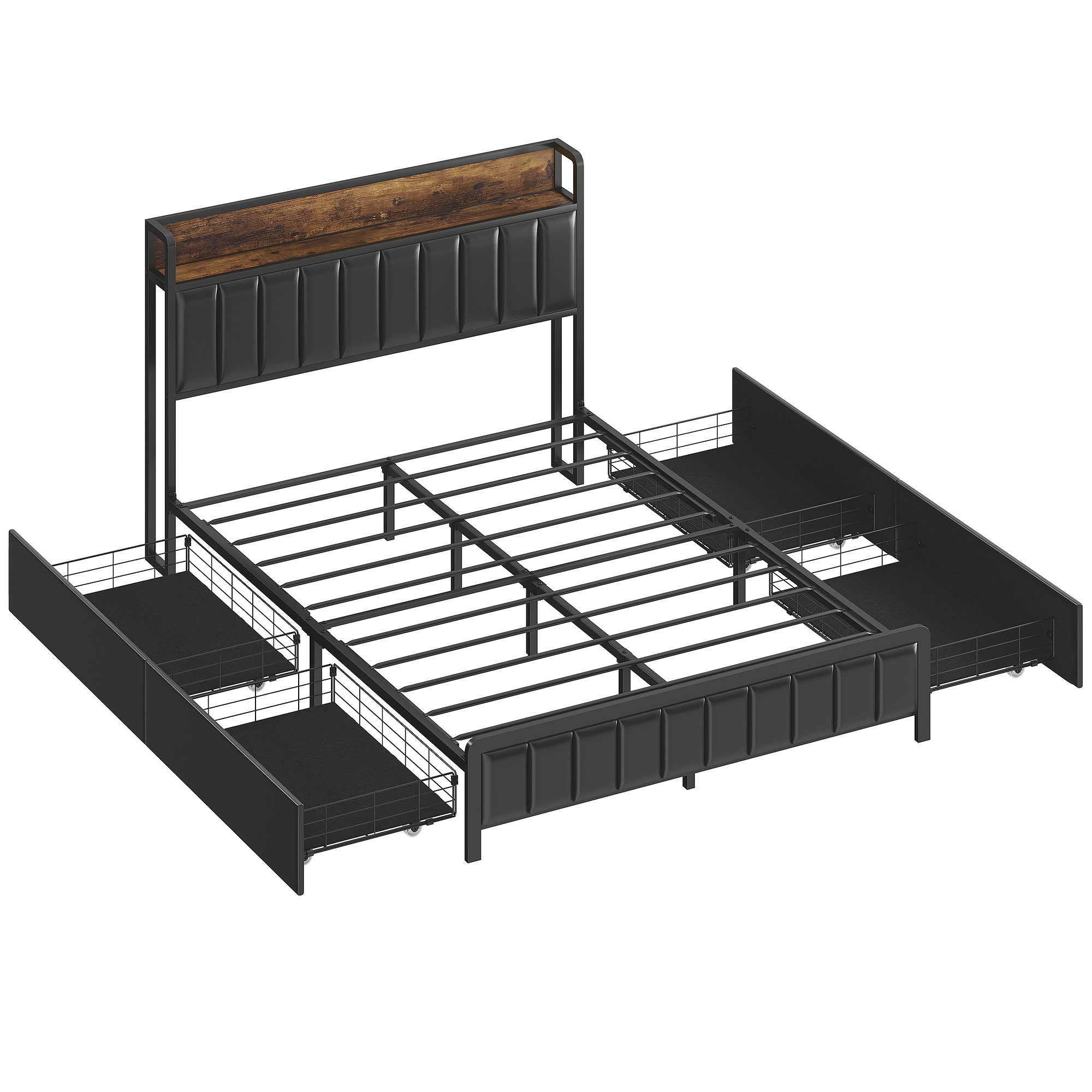 Cadre de lit 140 x 190 cm avec sommier à lattes en métal, lit double rembourré en cuir synthétique avec tête de lit, pied de lit, 4 tiroirs et étagère, sans bruit, style industriel, noir