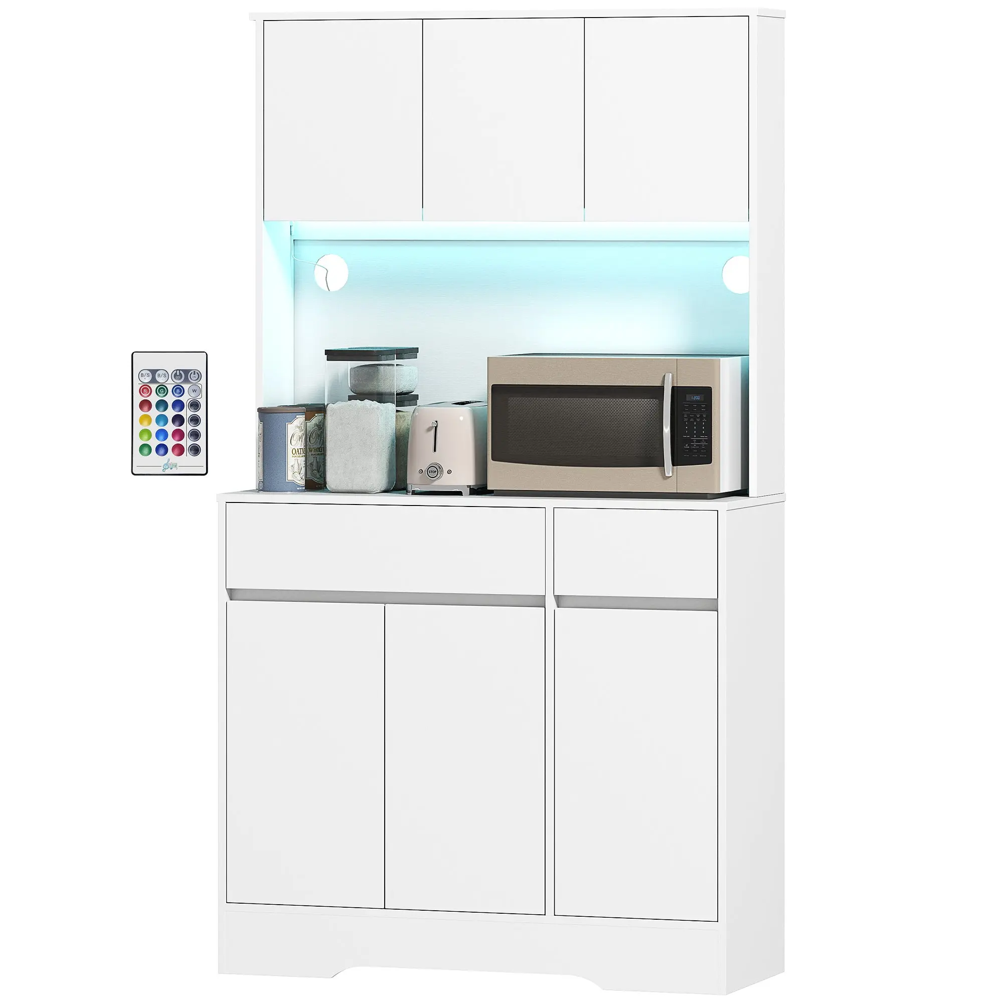 Buffet cuisine avec lumière LED RGB, meuble cuisine rangement haut, meuble de rangement avec plan de travail, 6 portes, 2 tiroirs, étagères réglables et télécommande inclus, 100x38x180cm, blanc