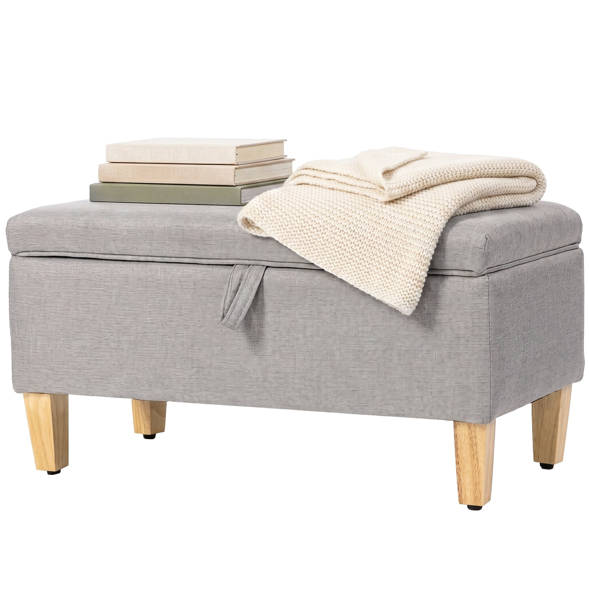 Banc de rangement, bout de lit, repose-pieds rembourré en lin avec pieds en bois de caoutchouc, pour salon, chambre, entrée, 71 x 37 x 36 cm, gris clair