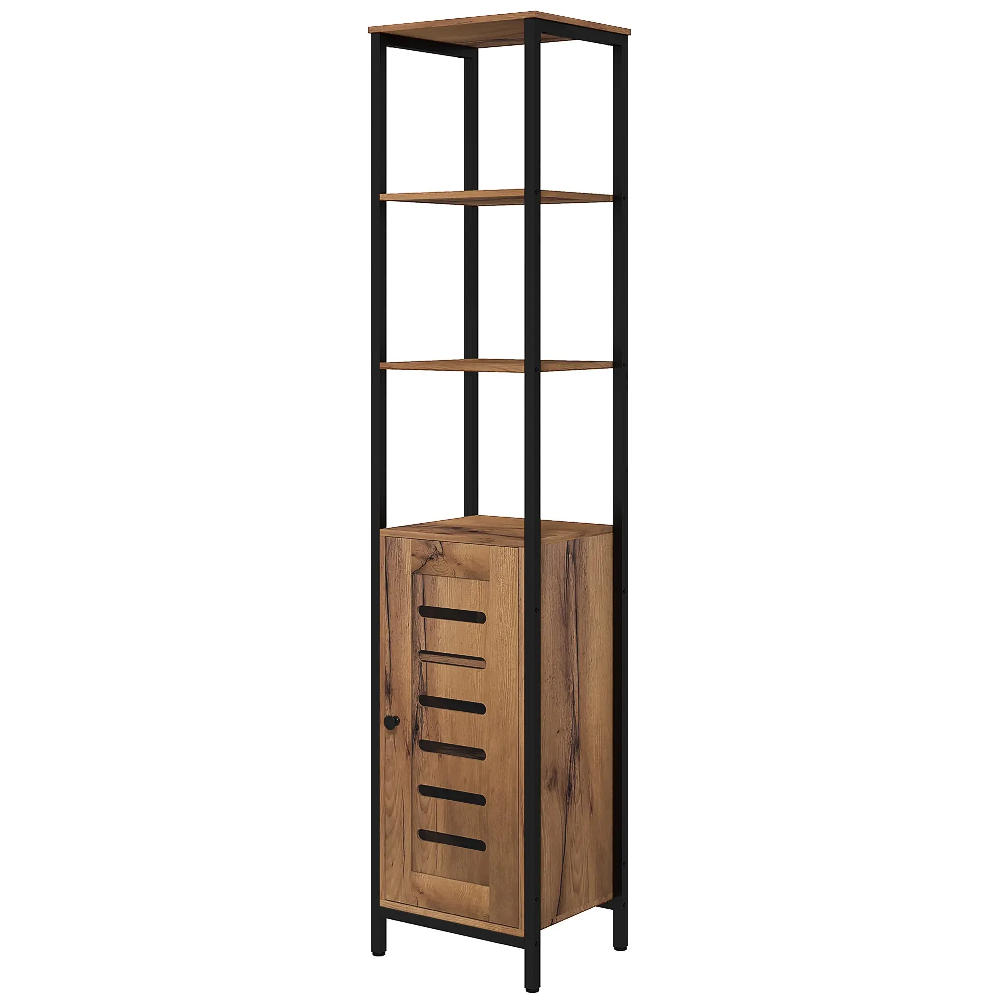 Meuble colonne de salle de bain, armoire de toilette haute, design industriel, avec 3 étagères ouvertes, porte à lamelles et étagères réglables, marron rustique