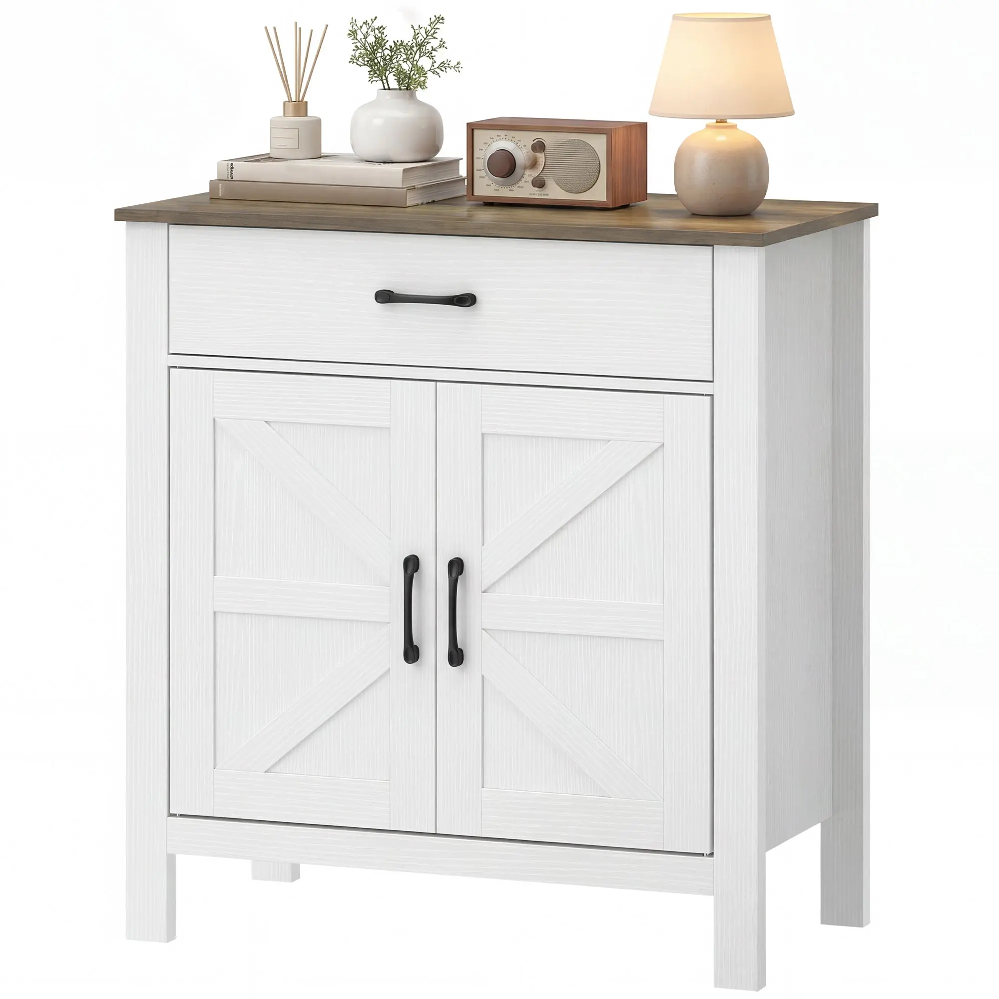 Buffet salon, meuble de rangement avec 2 portes de grange, tiroir et étagère réglable, style rustique, buffet salle à manger et cuisine, 77 x 39,3 x 81,5 cm, blanc et marron