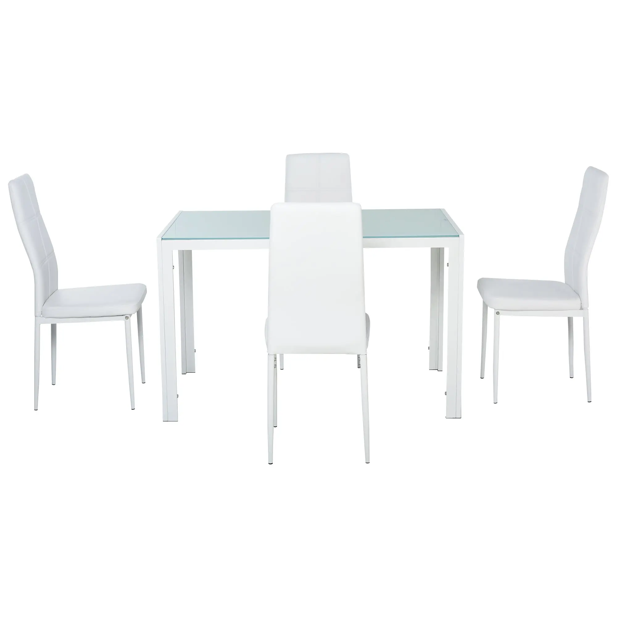 Ensemble table à manger et chaises pour 4 personnes, table de cuisine avec chaises, plateau rectangulaire en verre, structure en métal, pour cuisine salon maison, blanc