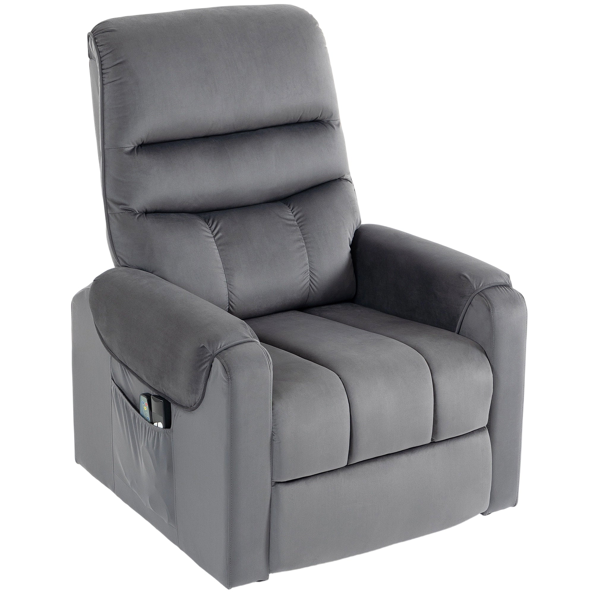 Fauteuil releveur électrique massage vibration et chaleur, fauteuil relax électrique en velours, dossier inclinable, coussin épais, repose-pieds, poches latérales, télécommande, gris foncé