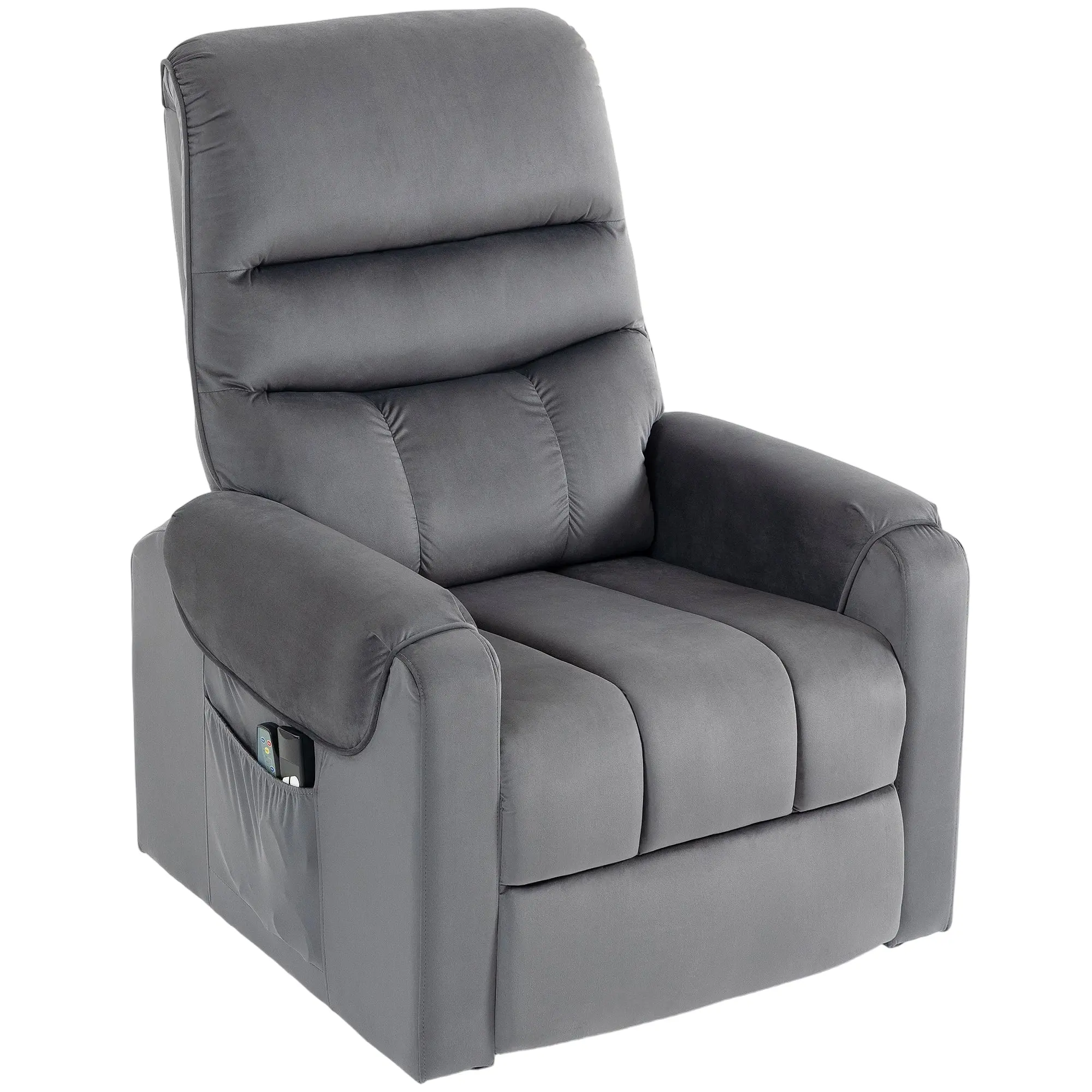 Fauteuil releveur électrique massage vibration et chaleur, fauteuil relax électrique en velours, dossier inclinable, coussin épais, repose-pieds, poches latérales, télécommande, gris foncé