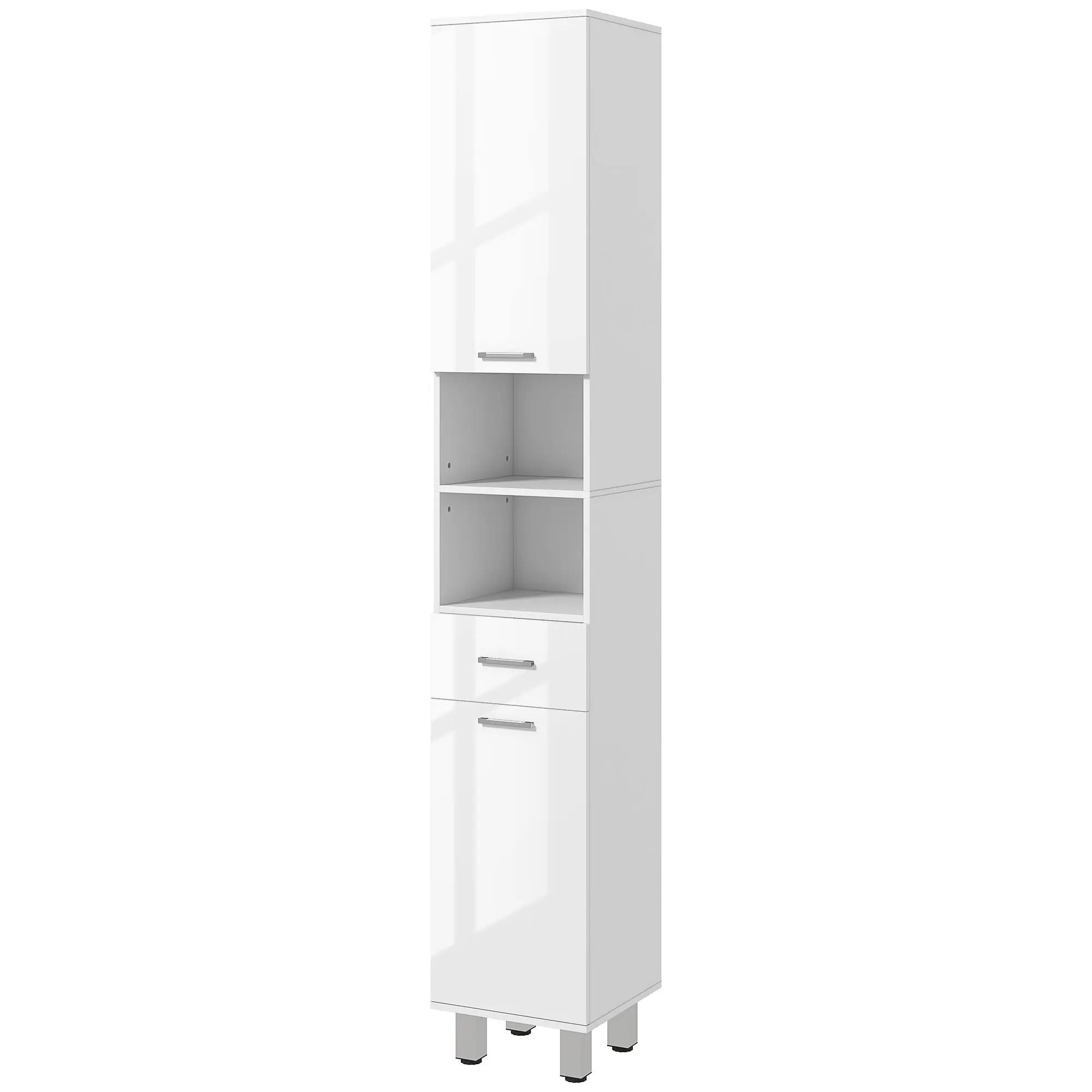 Armoire salle de bain haute, meuble de rangement colonne, placards, tiroir, étagères réglables, niches ouvertes, grand meuble étroit pour toilette, petits espaces, 30x30x180cm, blanc brillant