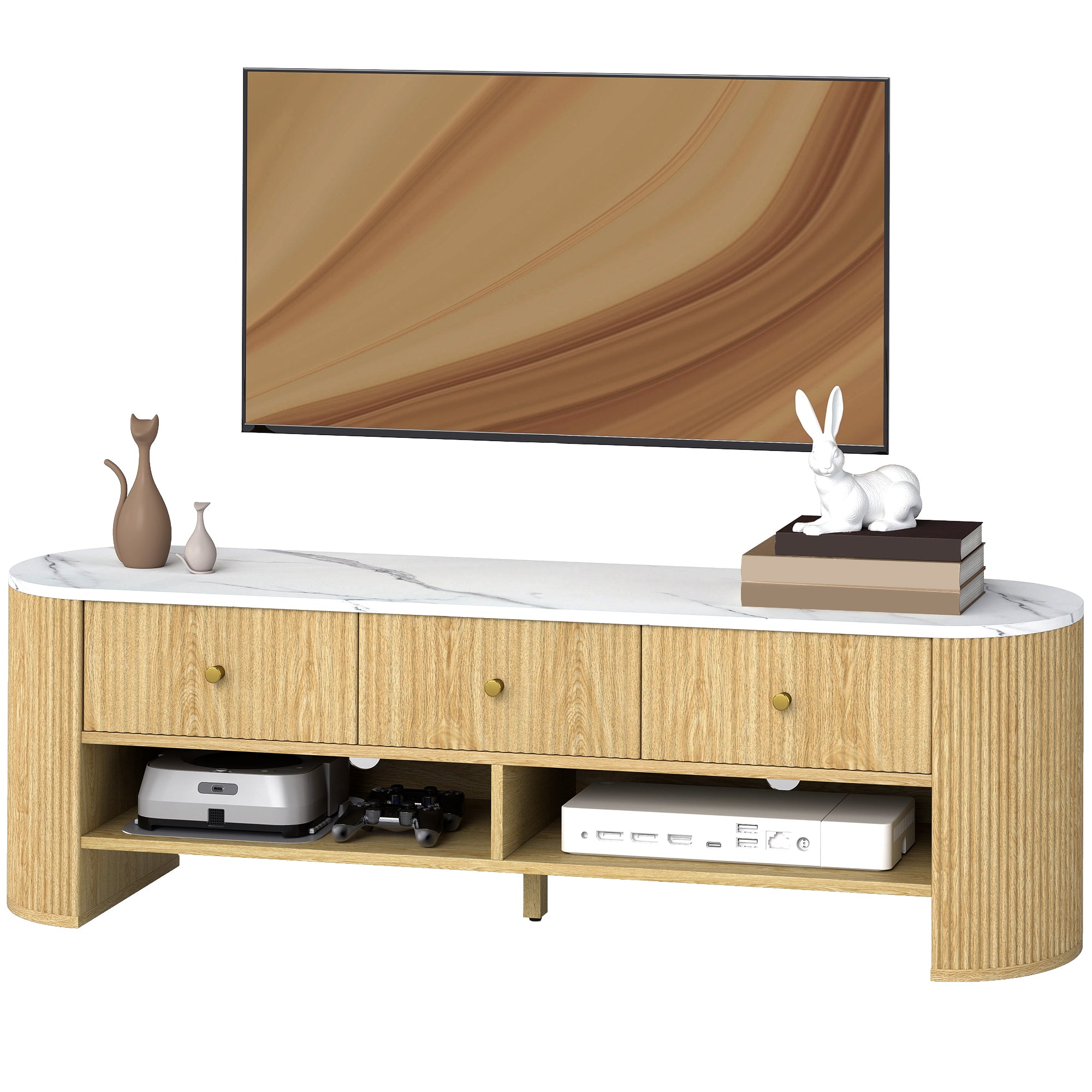 Meuble TV 140 cm, meuble télé pour téléviseur 32-65 pouces effet marbre avec 3 tiroirs fa?ades à cannelures, 2 étagères ouvertes et 2 trous pour cables, banc TV moderne, effet bois naturel