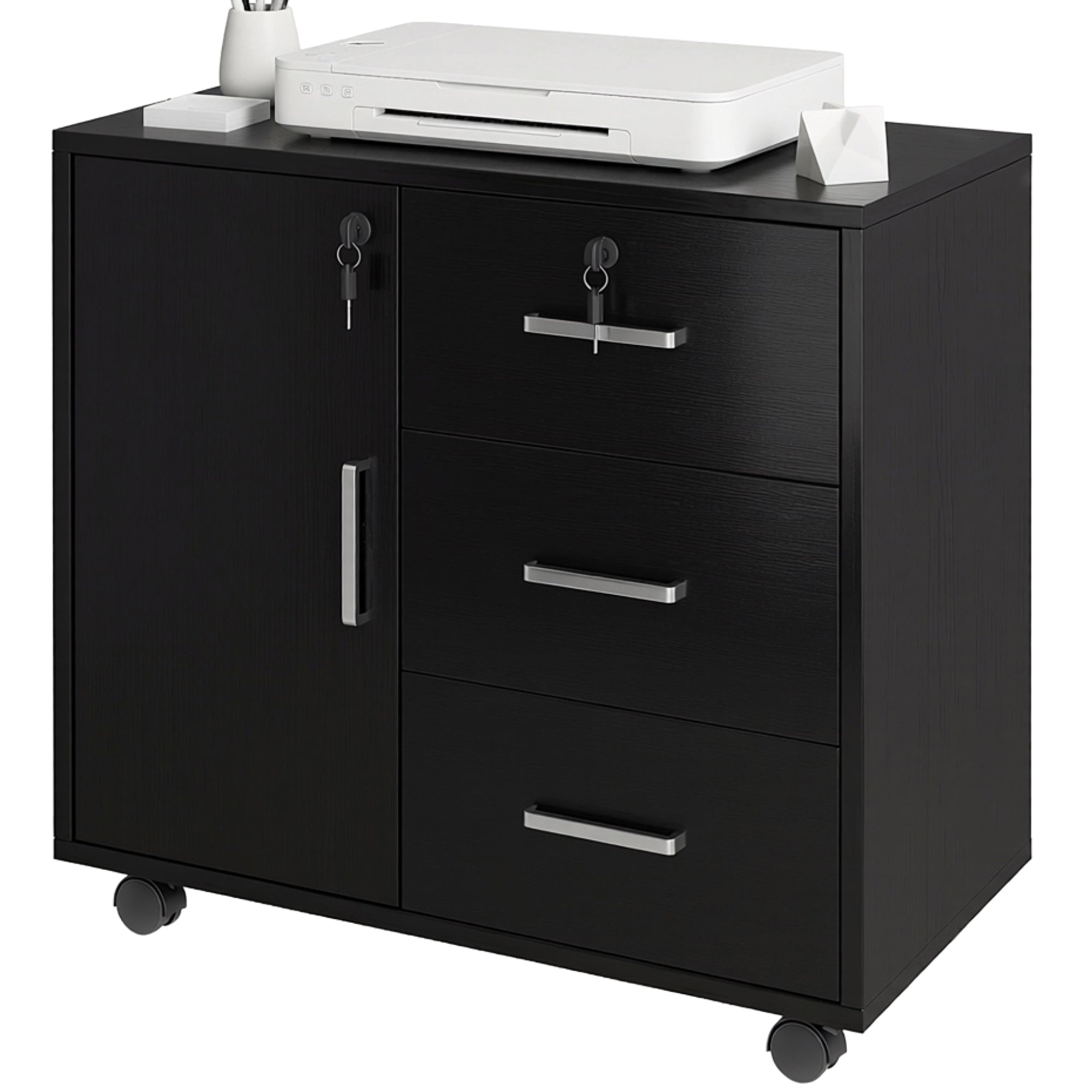 Caisson bureau meuble de rangement avec 3 tiroirs et étagère réglable, armoire rangement bureau verrouillable avec roulettes, dim. 40 x 60 x 56 cm, noir