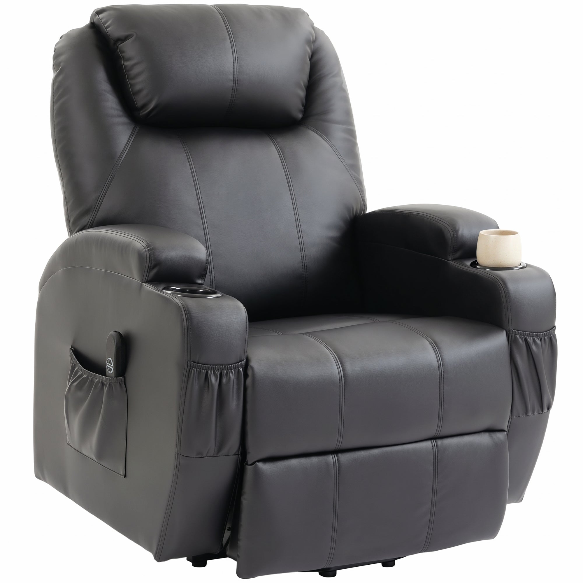 Fauteuil releveur électrique, fauteuil relax électrique en PU, repose-pied, dossier inclinable, port USB, télécommande, porte-gobelets et poches latérales, pour personnes âgées, noir