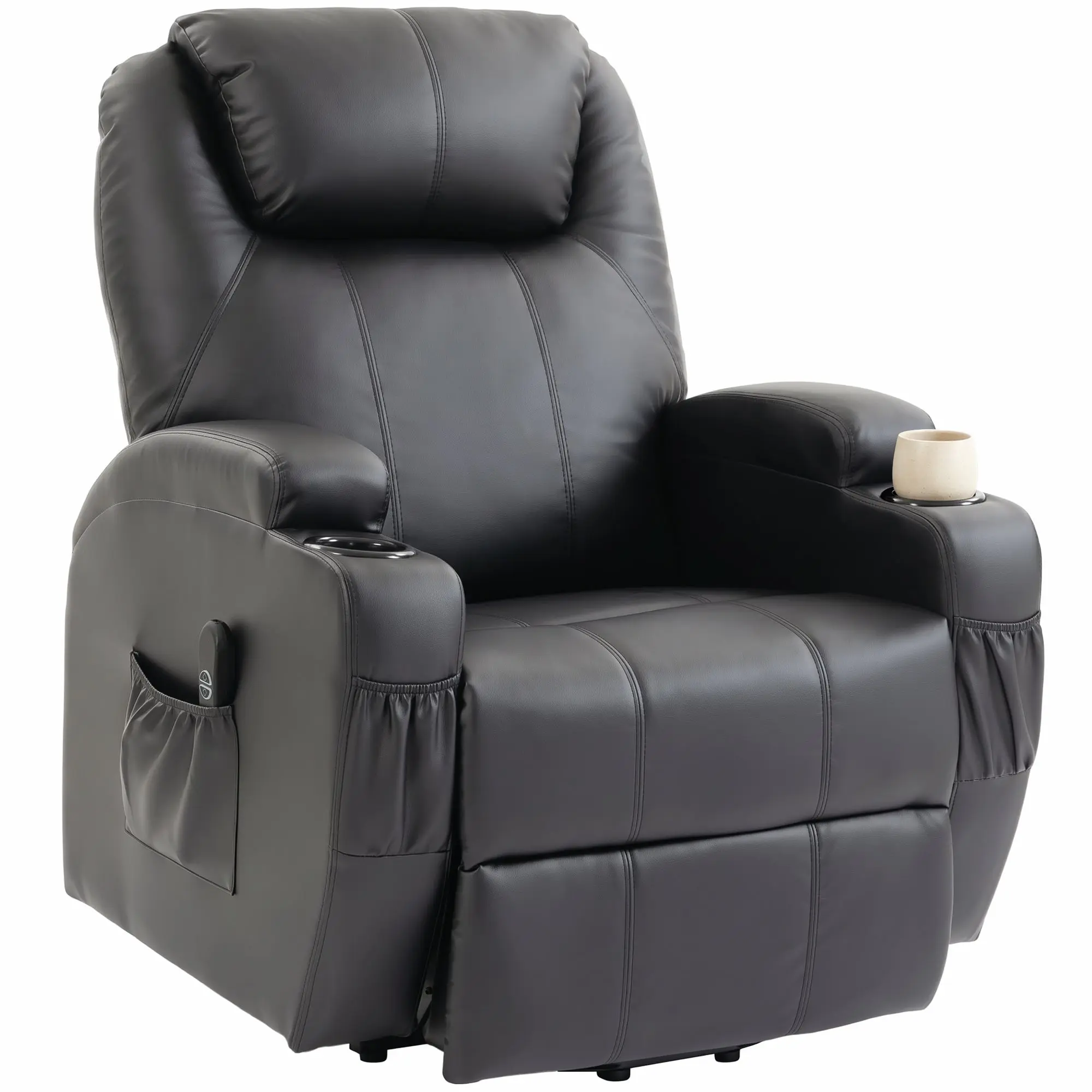 Fauteuil releveur électrique, fauteuil relax électrique en PU, repose-pied, dossier inclinable, port USB, télécommande, porte-gobelets et poches latérales, pour personnes âgées, noir