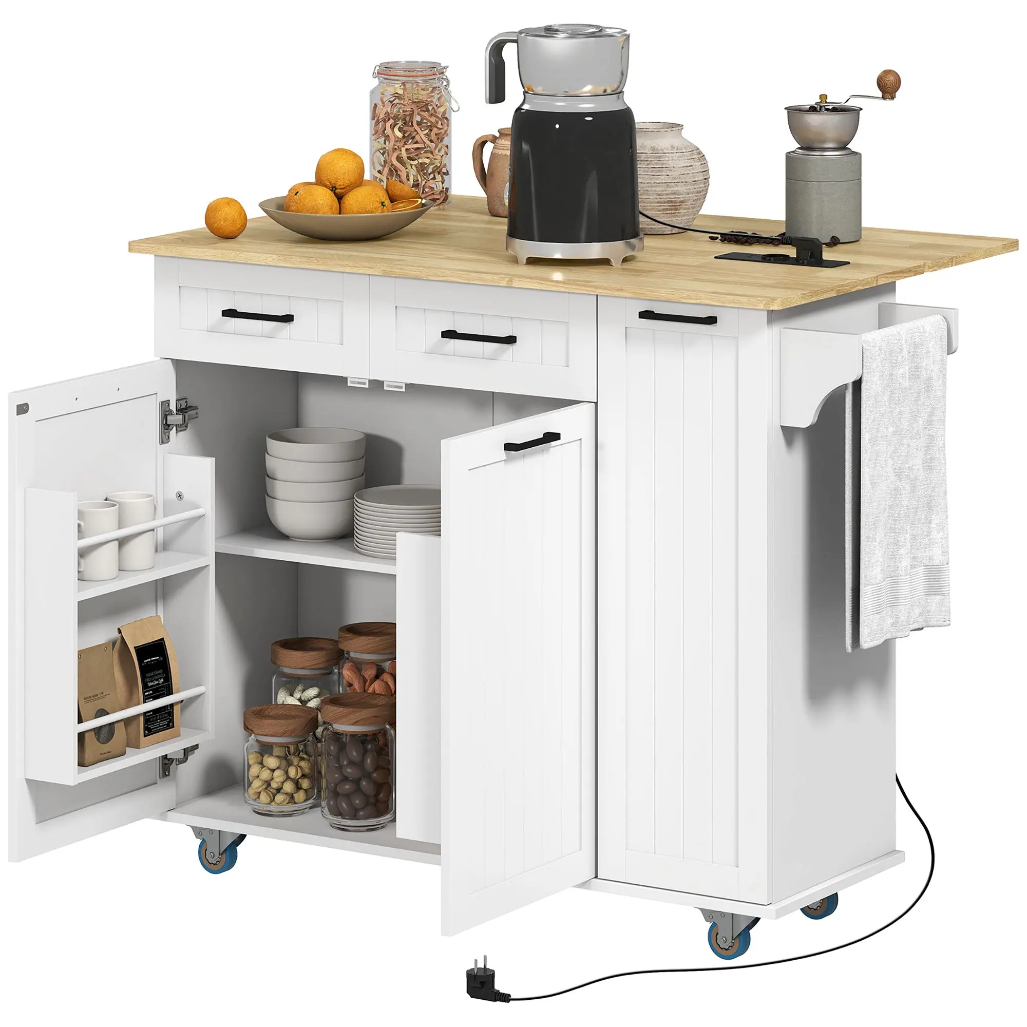 Îlot central cuisine mobile avec prise de courant et port USB desserte cuisine à roulettes avec tablette à abattant 2 tiroirs 2 placards étagère réglable porte-épices et porte-serviettes blanc