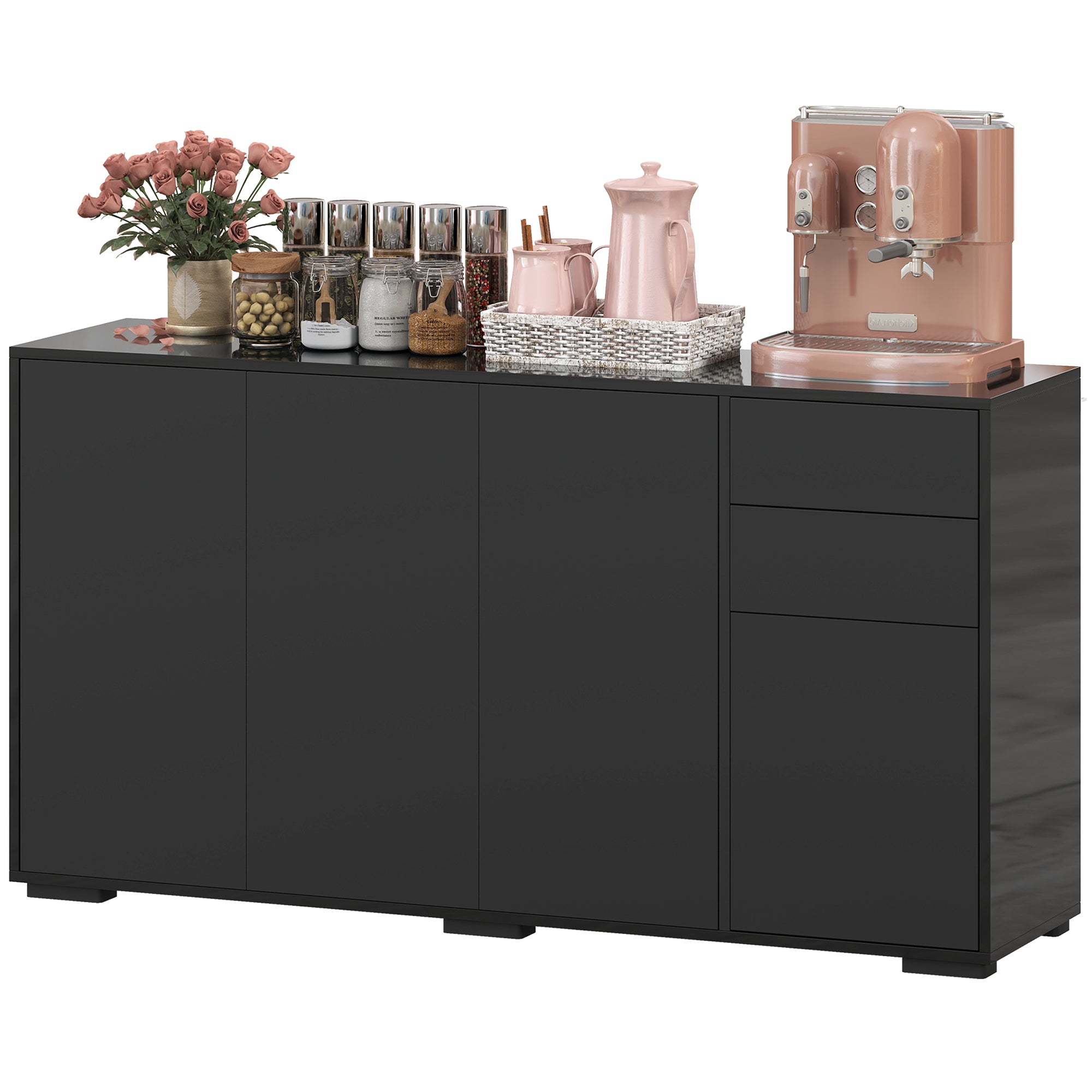 Buffet meuble de rangement 2 tiroirs coulissants 4 portes étagère réglable panneaux de particules 140 x 36 x 74 cm noir