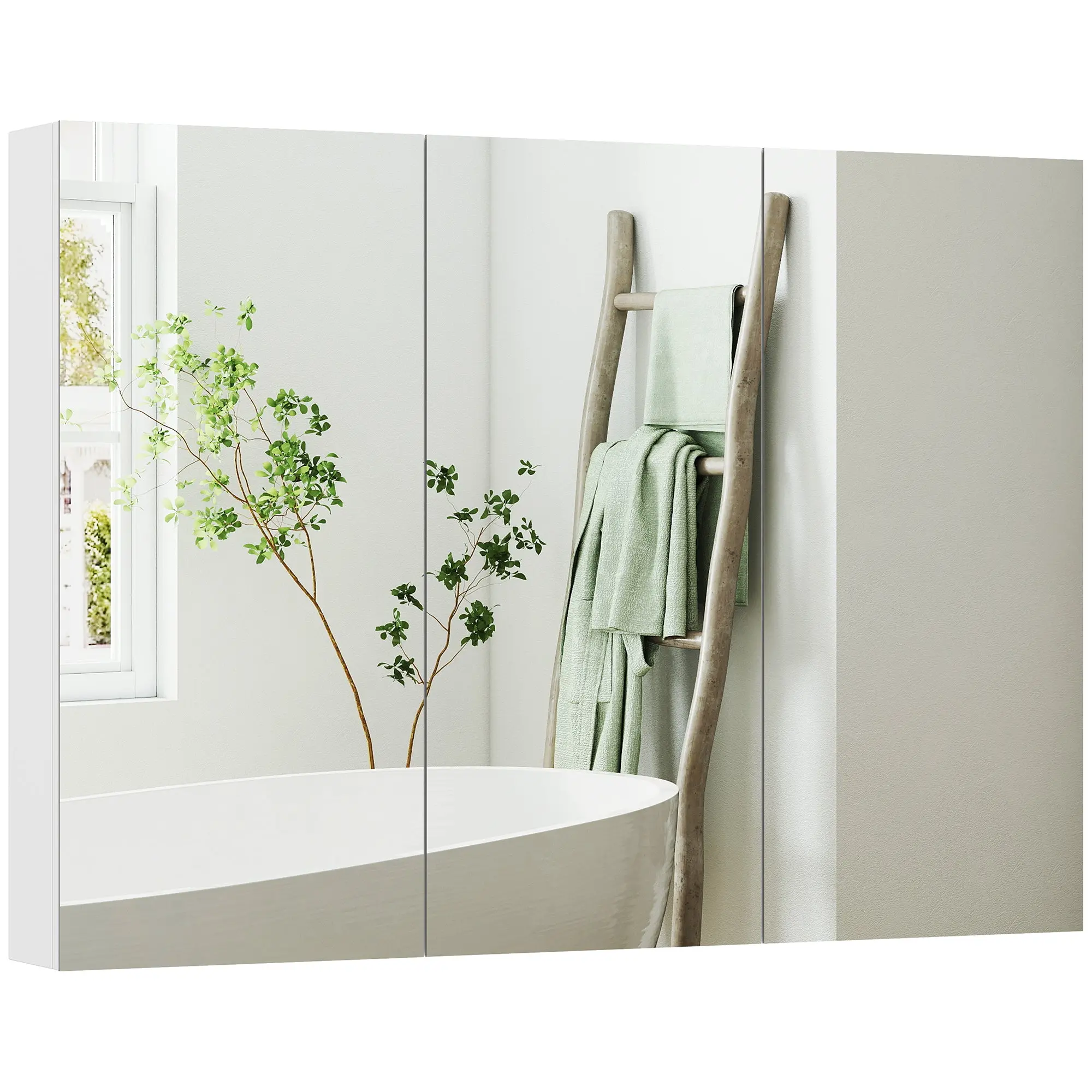 Armoire murale salle de bain avec miroir, 91,5 x 11,5 x 65 cm, meuble salle de bain, armoire de toilette avec 3 portes miroir et 4 étagères réglables, blanc