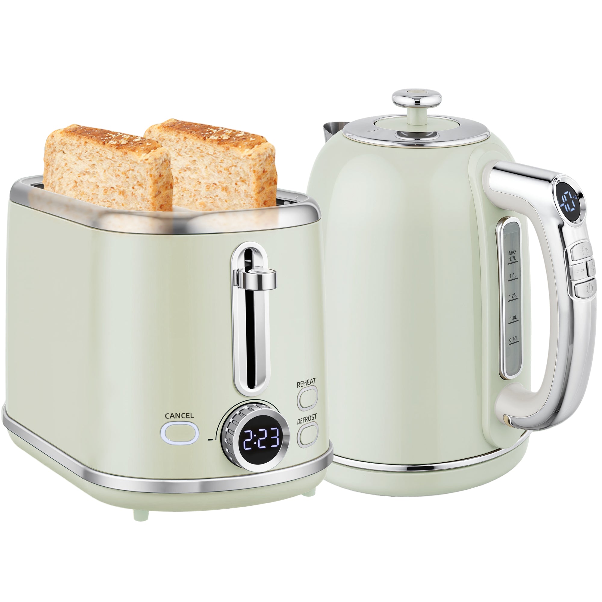 Ensemble bouilloire et grille-pain en inox, écran LED, bouilloire 2200 W 1,7 L, fonction mémoire de maintien au chaud, grille-pain 2 tranches, 6 niveaux de brunissage, plateau à miettes, gris