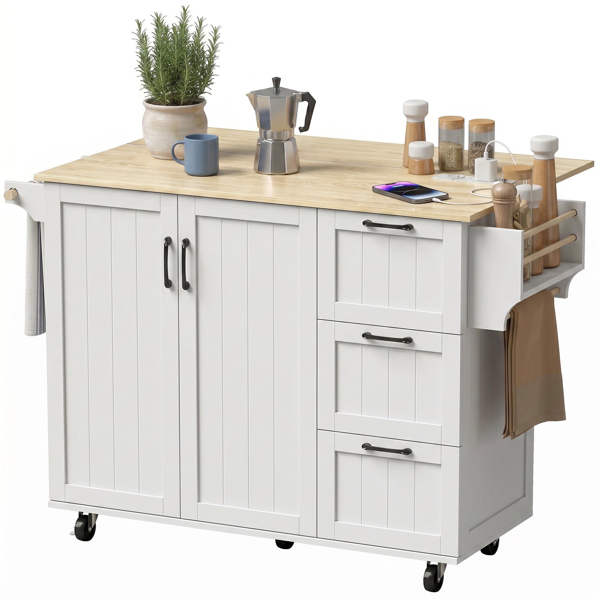 Îlot Central Cuisine avec Plateau Rabattable 2 Prises et 2 Ports USB Desserte de Cuisine sur Roulettes 3 Tiroirs 2 Portes Porte-Serviettes Porte-Épices Étagère Réglable 134,5x75,2x90,5cm Blanc
