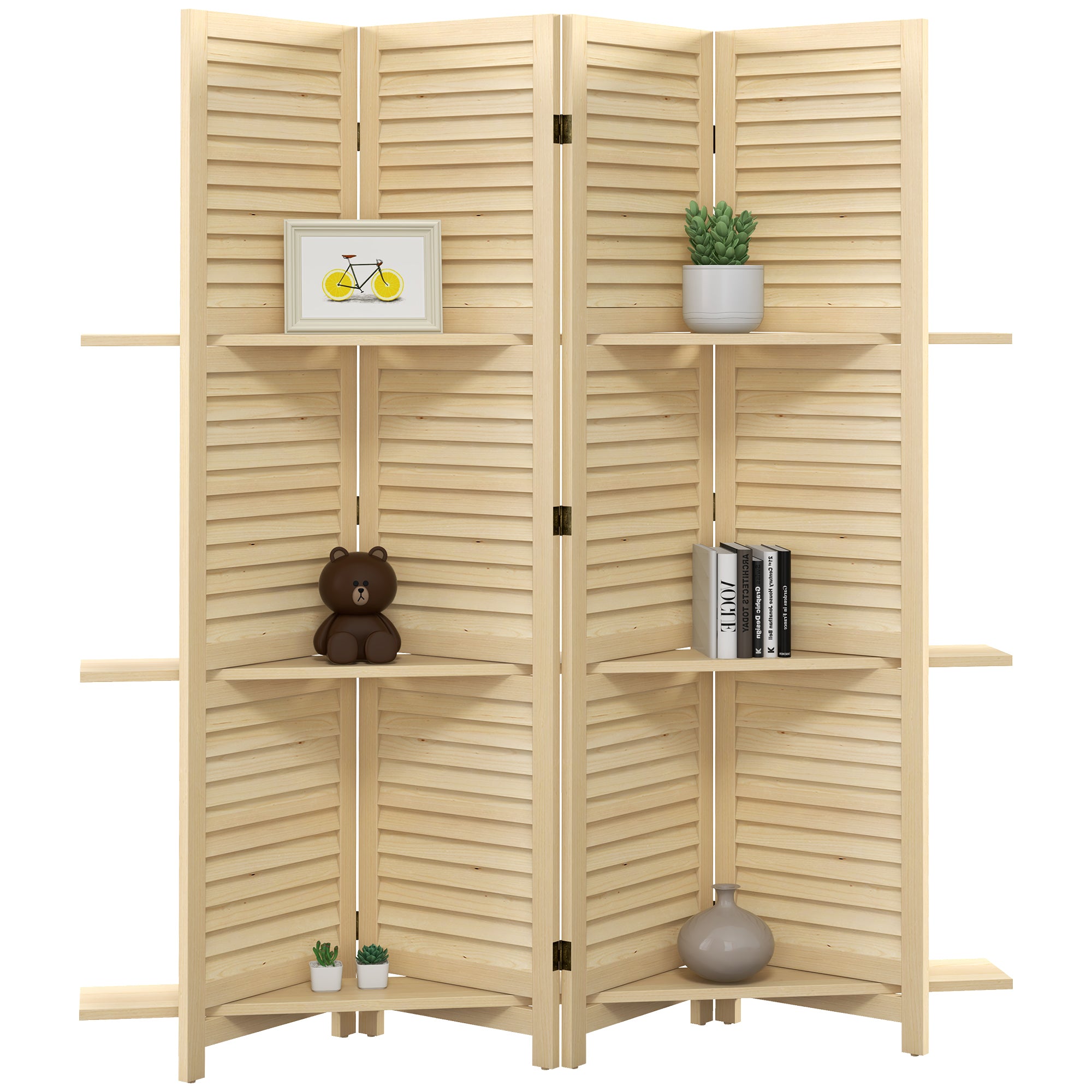 Paravent intérieur en bois 4 panneaux 160 x 170 cm, séparateur de pièce pliable avec 3 étagères, cloison de séparation pour salon, chambre à coucher, maison, naturel
