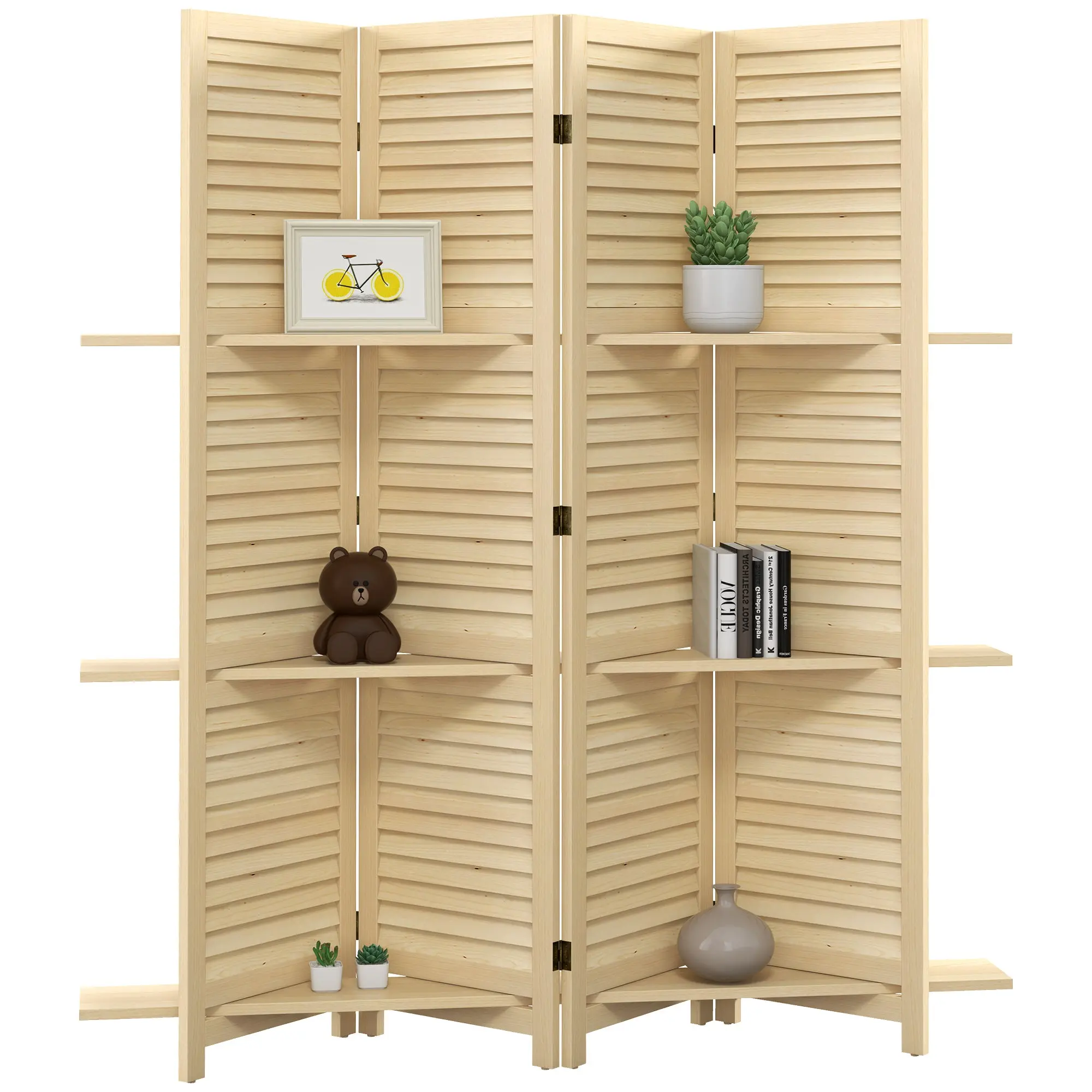 Paravent intérieur en bois 4 panneaux 160 x 170 cm, séparateur de pièce pliable avec 3 étagères, cloison de séparation pour salon, chambre à coucher, maison, naturel