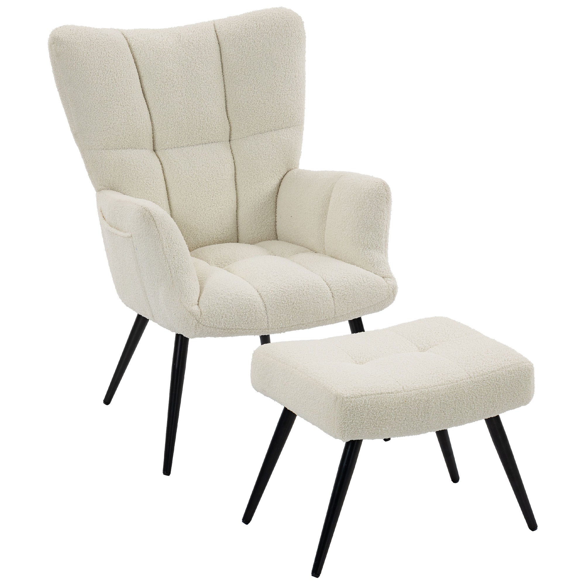 Fauteuil de Salon avec Repose-Pied, Fauteuil d'Appoint Capitonné en Peluche Teddy avec Dossier Haut, Poches Latérales, Pieds en Acier, Style Moderne, Chaise de Salon, Bureau, Chambre, Beige