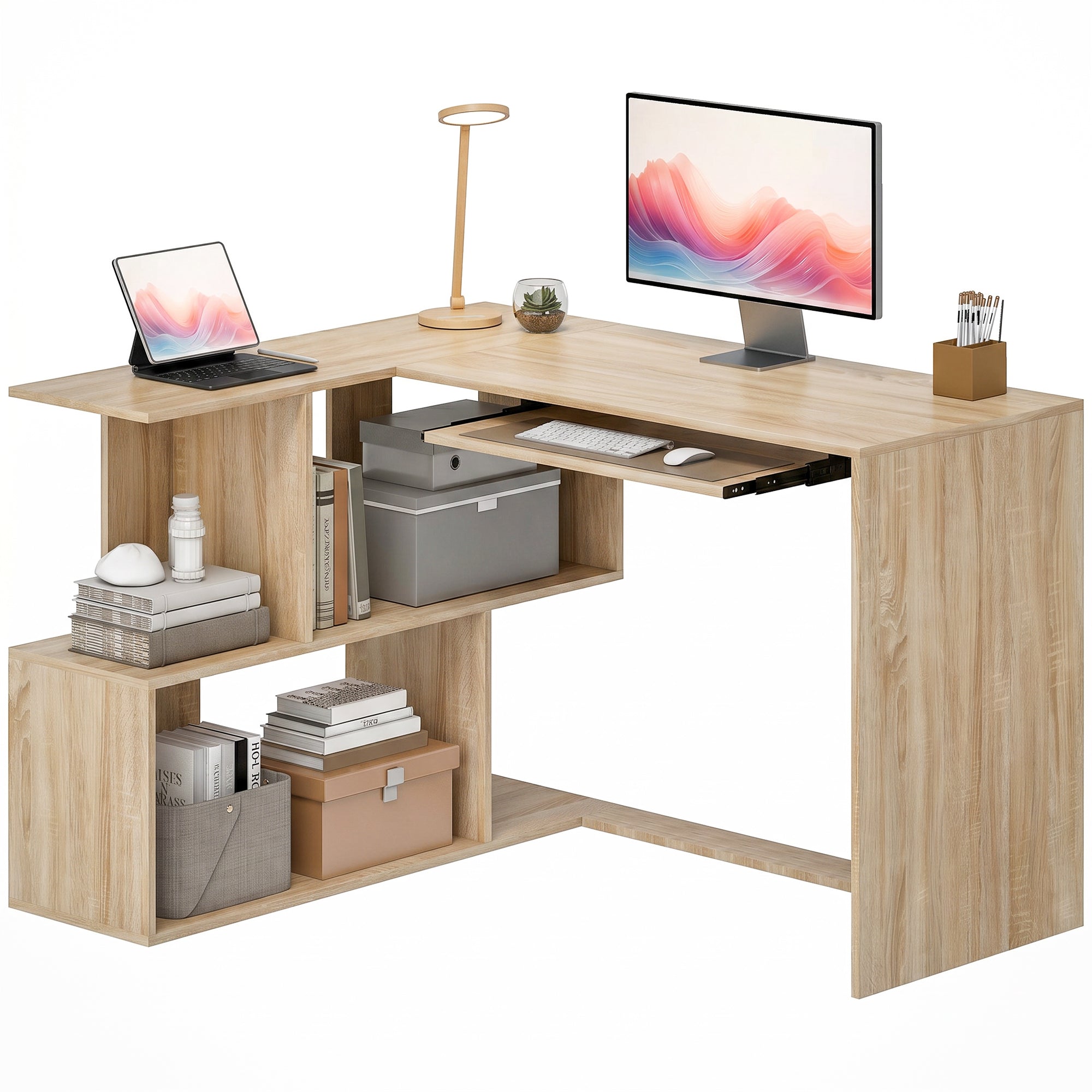 Bureau d'Angle, 120 x 100 x 76 cm, Bureau Informatique en L avec Plateau de Clavier, 4 Compartiments Ouverts, Style Moderne, Table de Travail pour Domicile, Chambre, Petit Espace, Bois Naturel