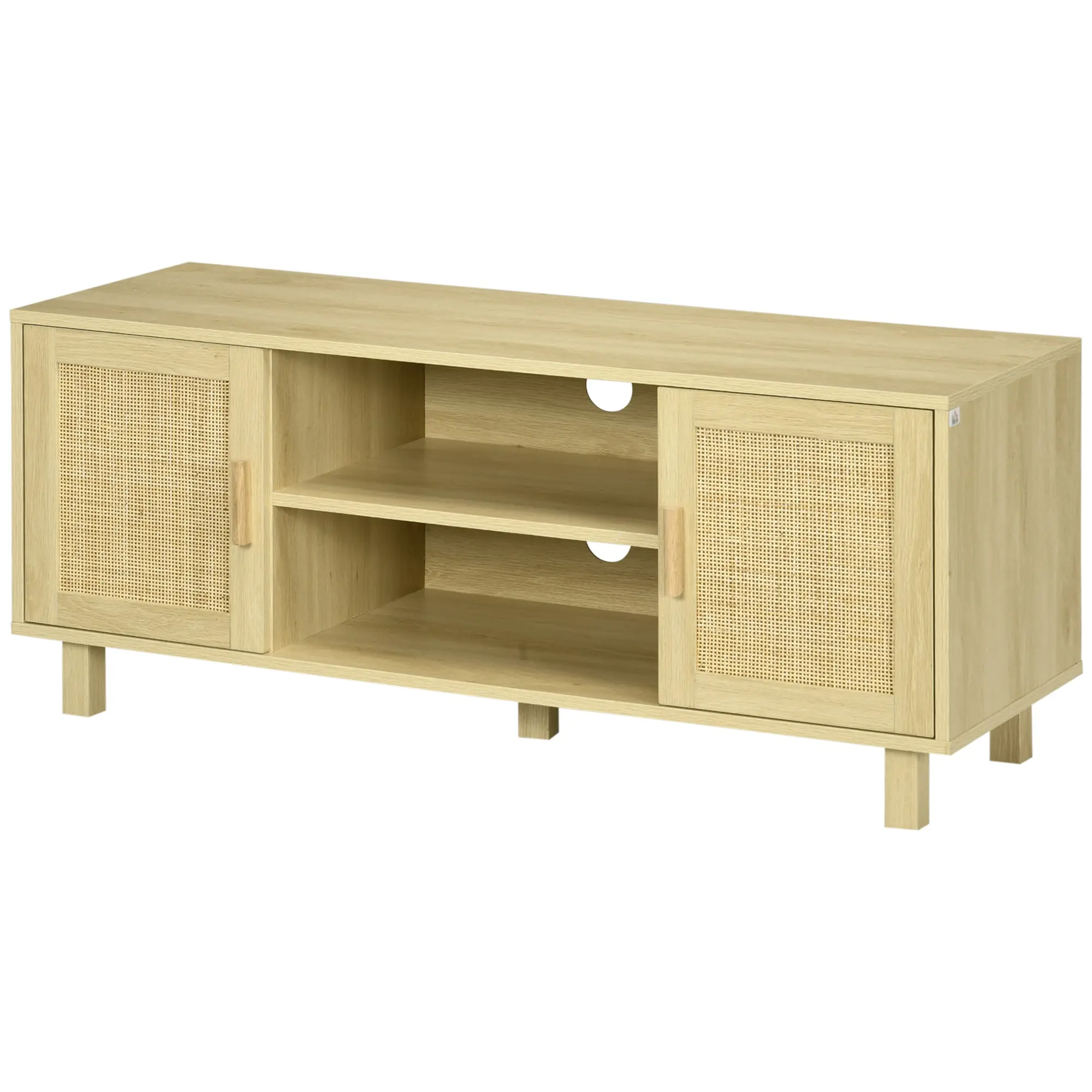 Meuble TV Banc TV 2 niches 2 placards Porte cannage en rotin dim. 115L x 40l x 48H cm MDF Aspect Bois Clair