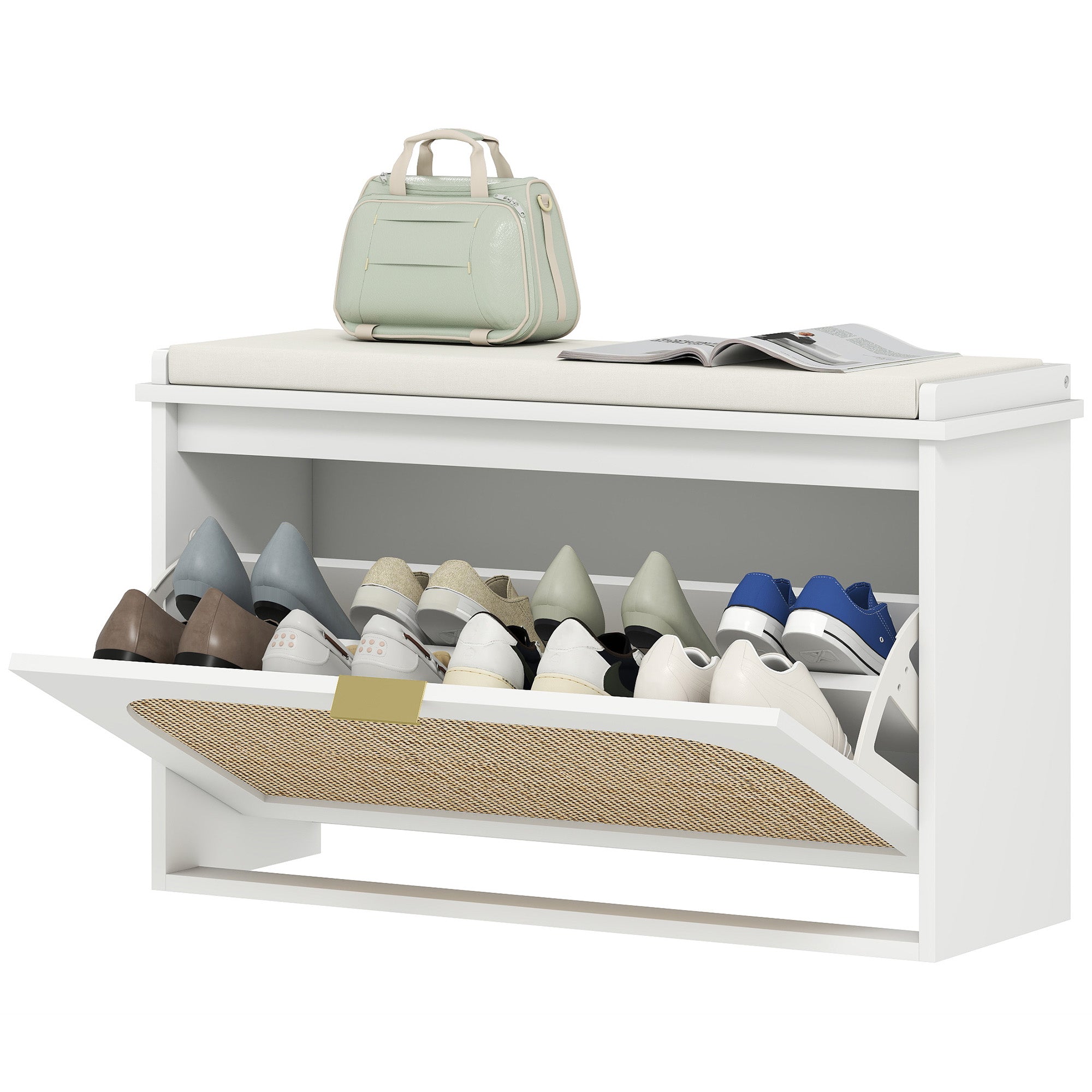 Banc chaussures style bohème une place assise pour entrée salon maison blanc