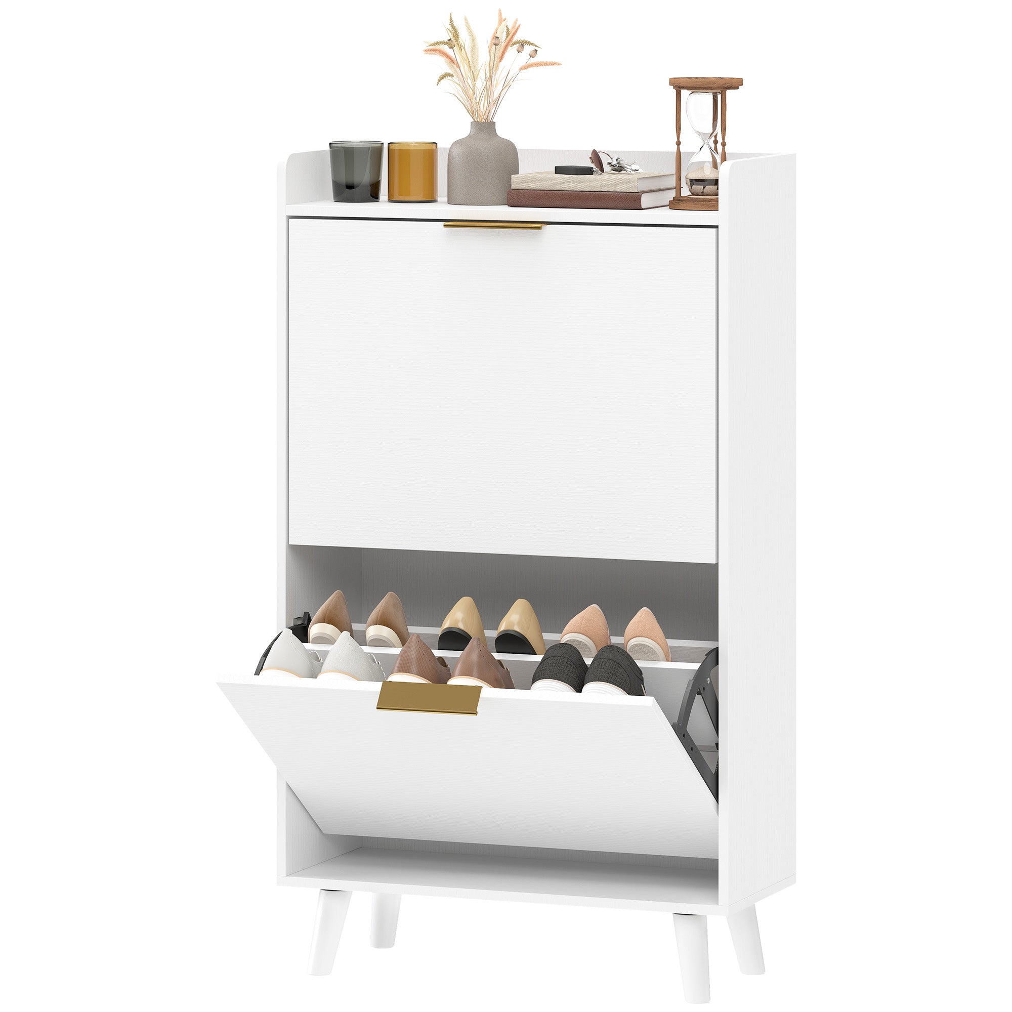 Meuble à chaussures 12 paires, armoire à chaussures étroite avec 2 tiroirs rabattables, étagères réglables et plateau supérieur, pieds en bois d'hévéa, pour couloir, entrée, 70x30x120cm, blanc