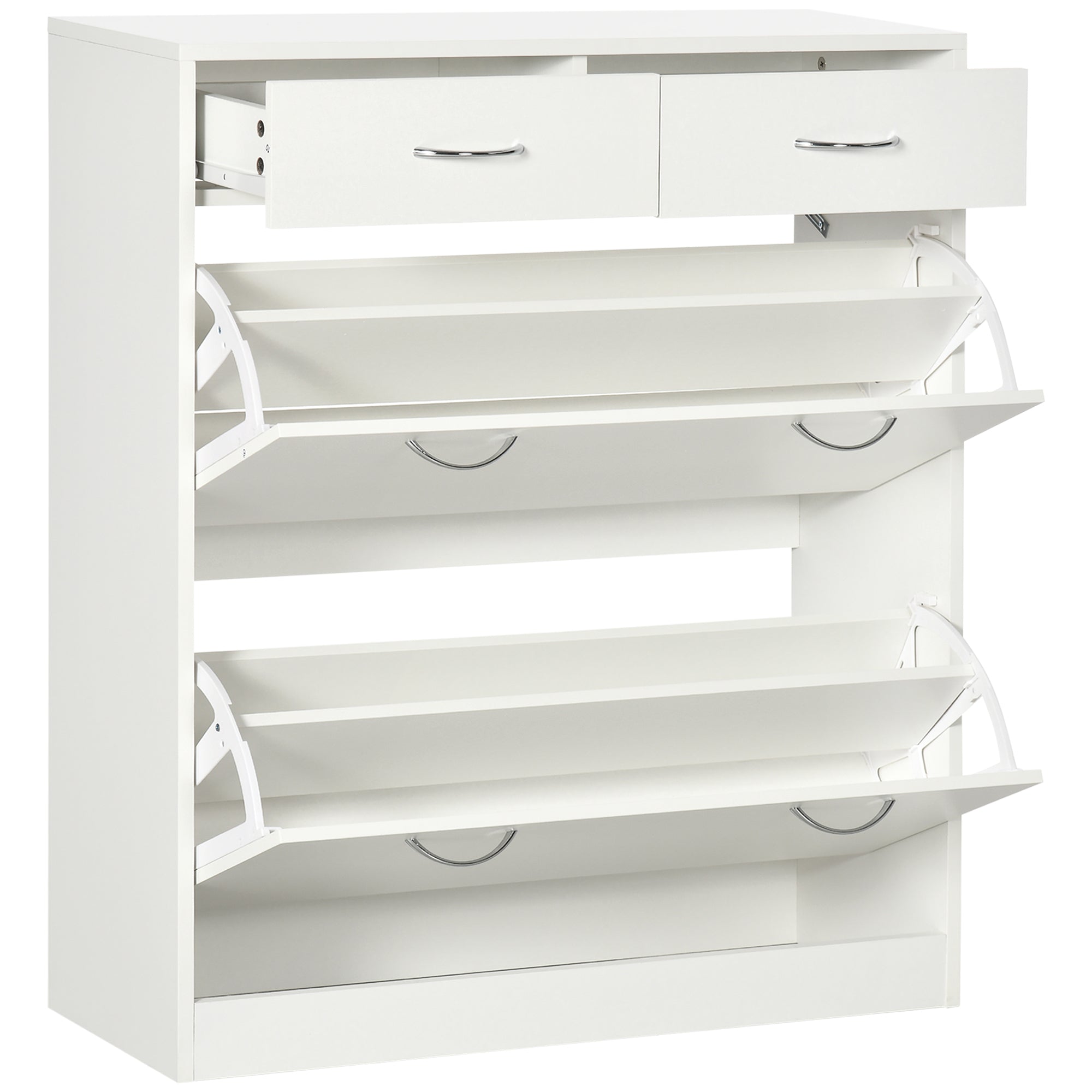 Meuble à chaussures armoire à chaussures - 2 tiroirs et 2 portes abattantes avec étagère réglable - 80 x 30 x 91,5 cm - poignées en aluminium, blanc