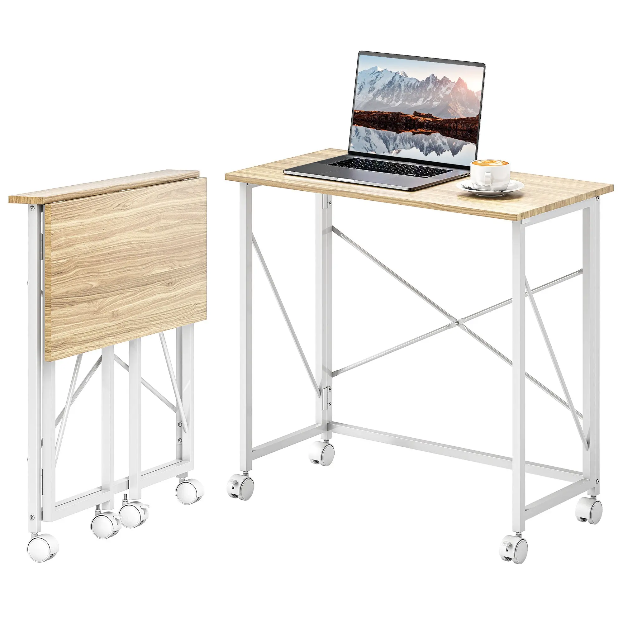 Bureau pliant table d'ordinateur 80 x 40 cm bureau sur roulettes style moderne pour domicile, chambre, petits espaces, chêne
