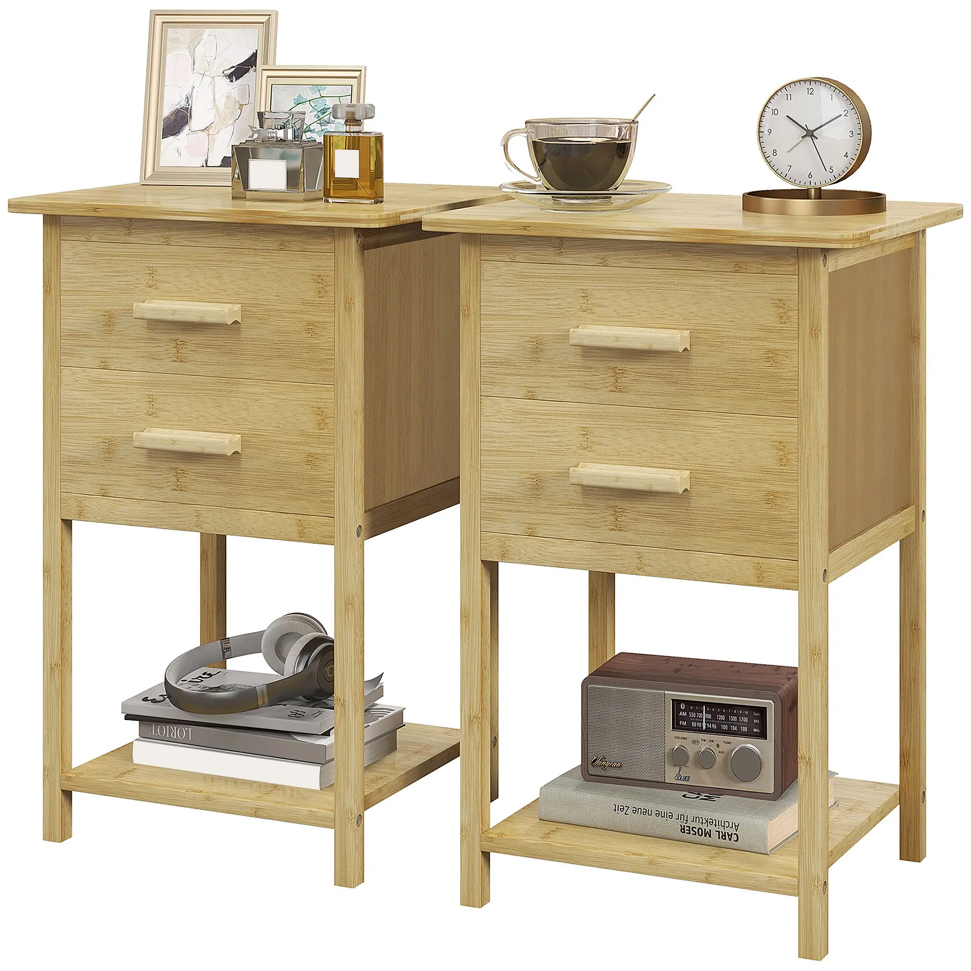 Lot de 2 tables de chevet, table de nuit, en bambou, table d'appoint avec 2 tiroirs et 1 étagère, style scandinave, 40 x 34 x 60 cm, naturel