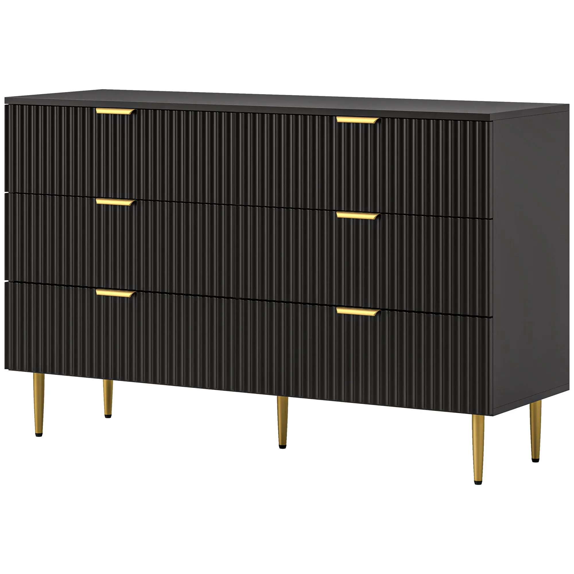 Commode 6 tiroirs commode chambre meuble de rangement moderne avec poignées et pieds dorés, pour chambre à coucher, salon, dim. 120 x 40 x 76,5 cm, noir