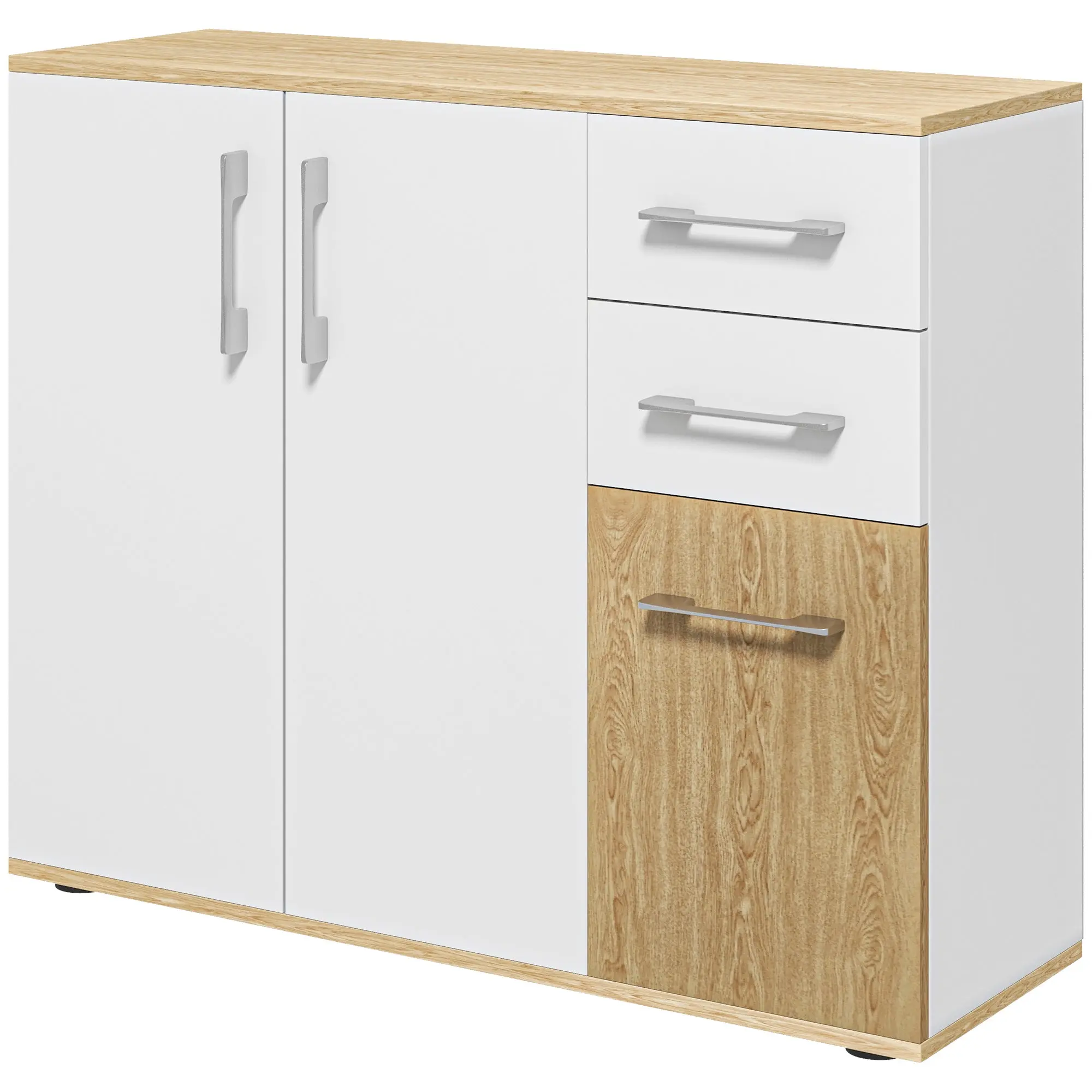 Buffet salon, meuble de rangement avec 3 portes, 2 tiroirs et étagère réglable, style moderne, buffet salle à manger, cuisine et salon, 90 x 30 x 75,5 cm, blanc et bois naturel