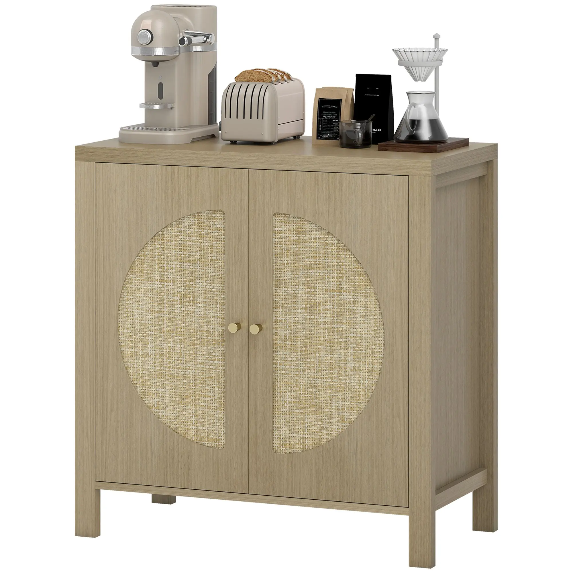 Buffet salon, meuble de rangement avec 2 portes effet rotin et étagère réglable, style bohème, pour salle à manger et cuisine, 75 x 38 x 77 cm, bois naturel