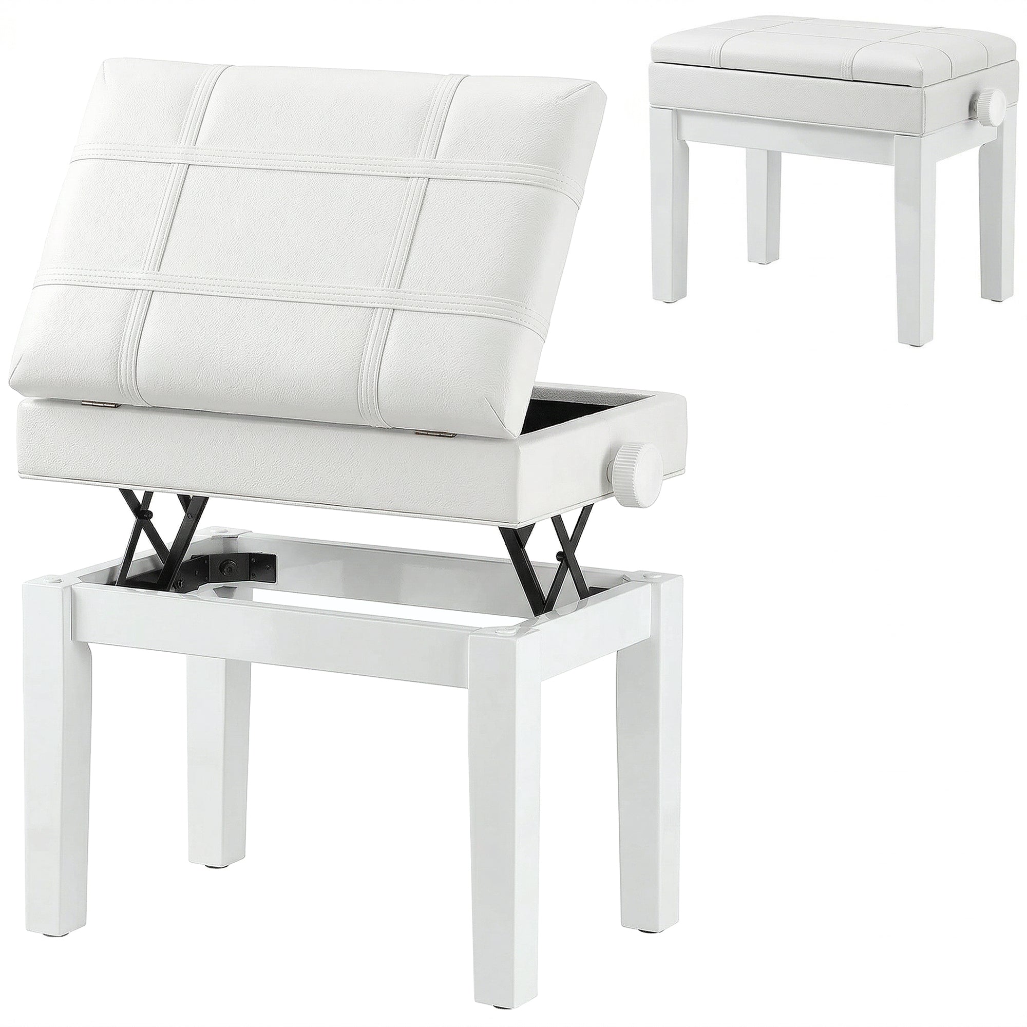Banc de piano, banc de clavier réglable en hauteur en bois massif, tabouret piano avec compartiment caché, siège rembourré polyuréthane, stable et antidérapant, charge 150kg, blanc