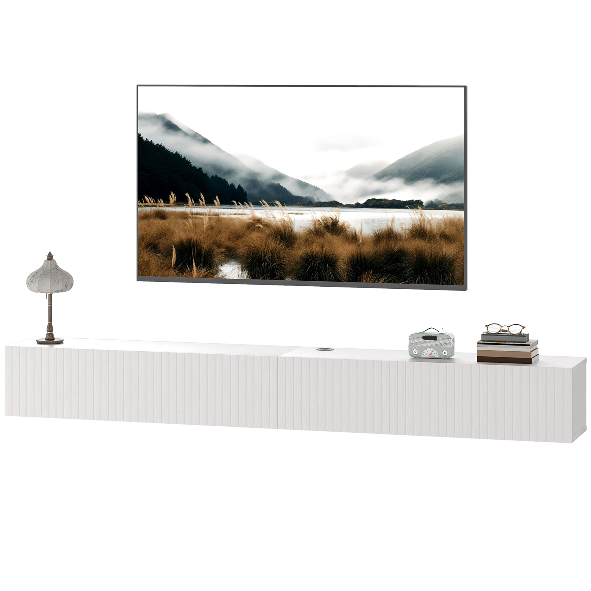 Meuble TV suspendu flottant 180 cm, meuble télé pour téléviseur jusqu'à 72 pouces avec 2 portes cannelées rabattables, banc TV mural pour salon, chambre à coucher, blanc
