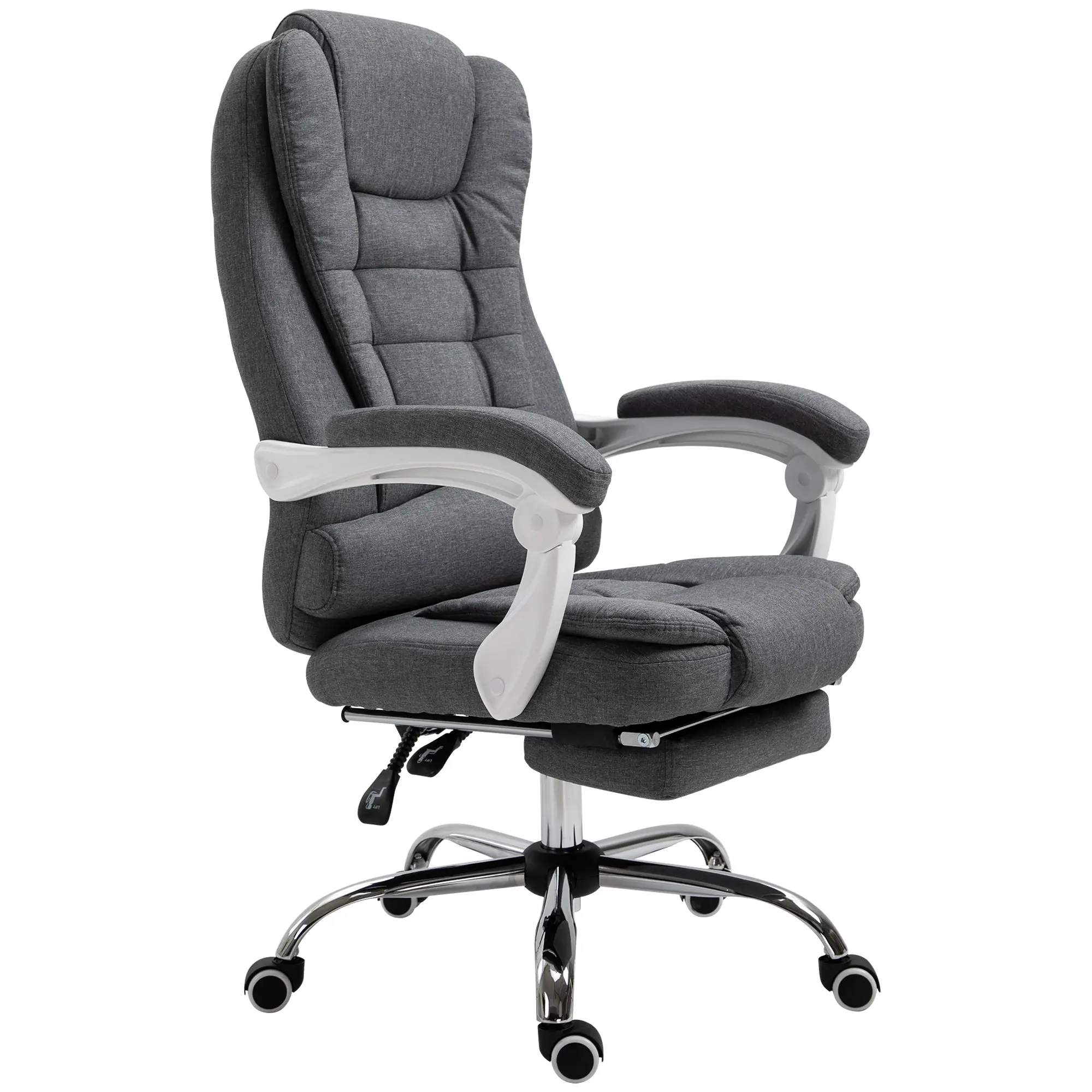 Fauteuil de bureau ergonomique, chaise de bureau avec repose-pied, dossier inclinable, accoudoirs rembourrés, en tissu aspect lin gris