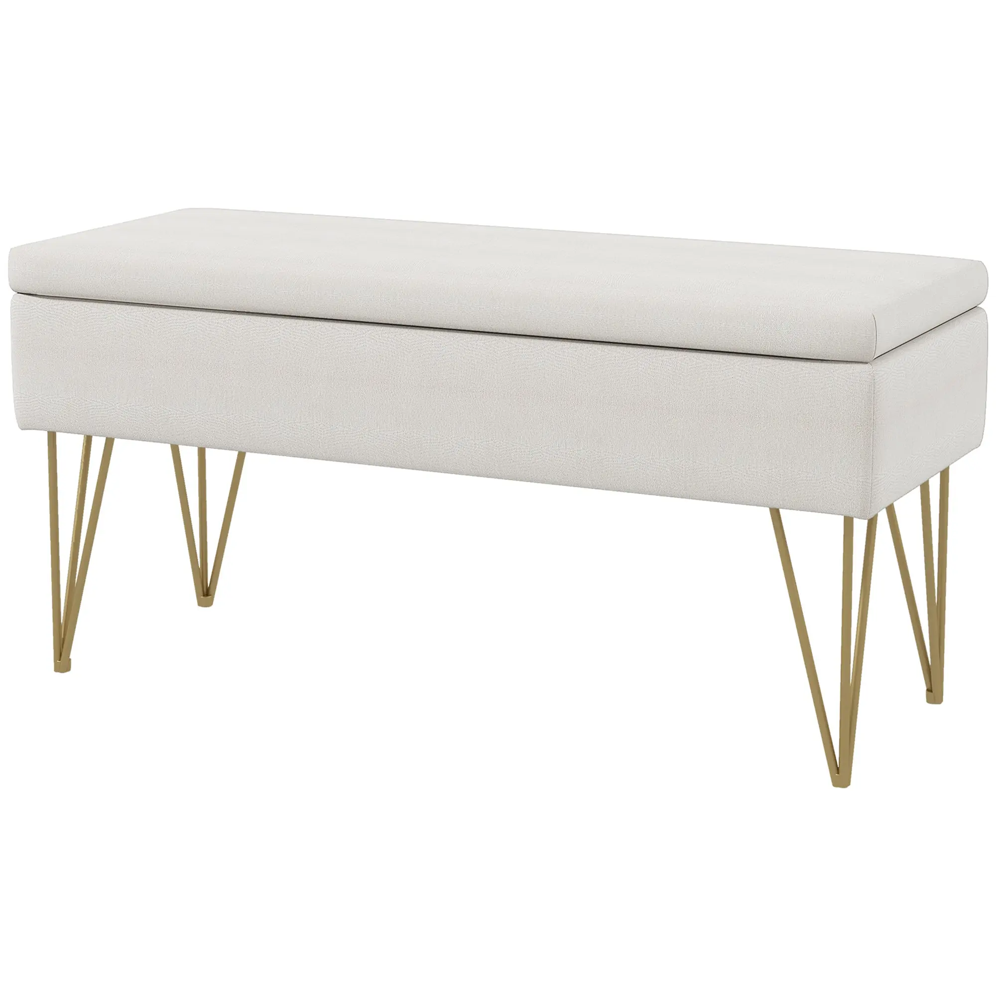 Banc bout de lit banquette coffre de rangement 2 en 1 en tissu aspect lin avec pieds épingle en acier doré 100 x 40 x 49 cm crème