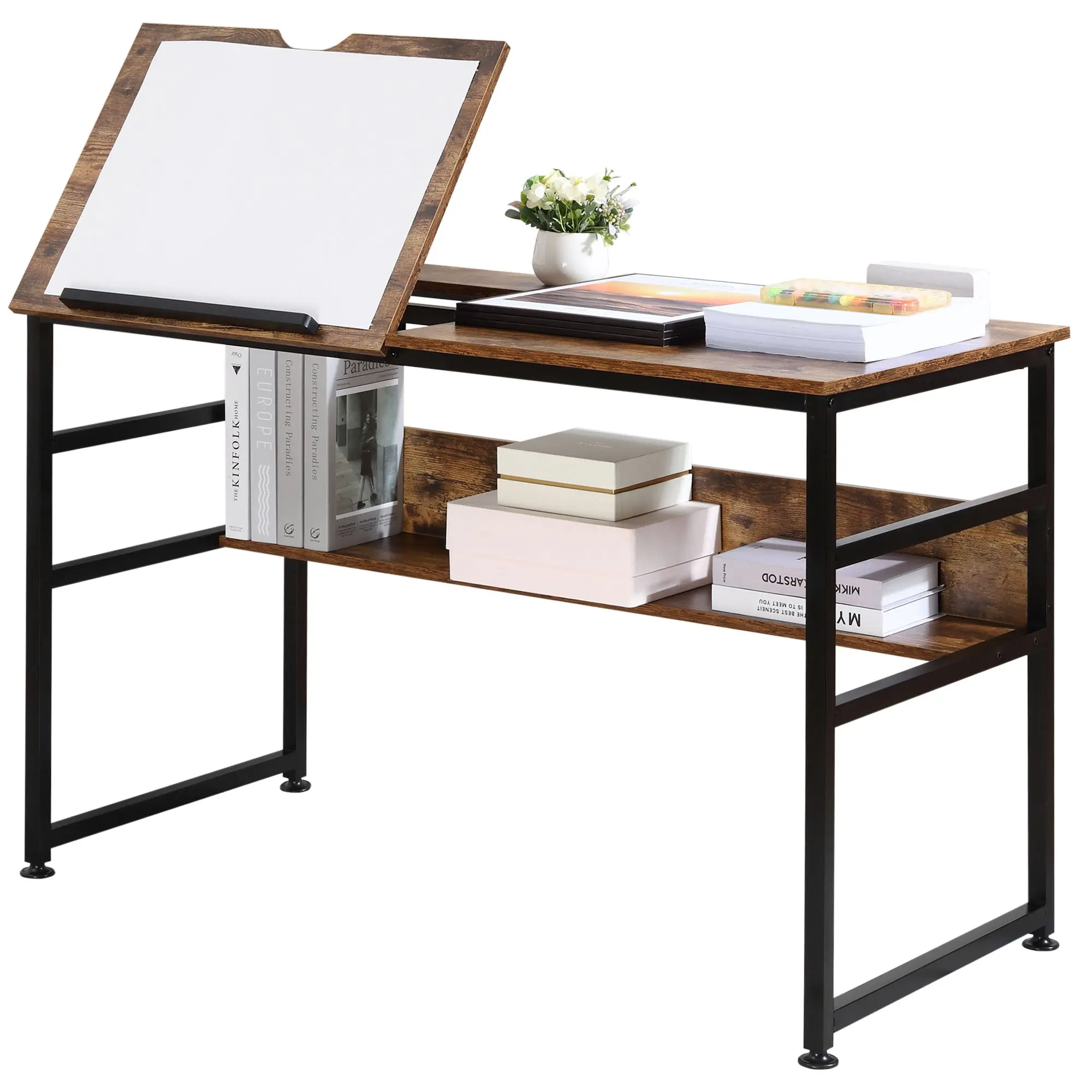 Table à dessin inclinable bureau informatique design industriel - plateau relevable, étagère - panneaux particules aspect vieux bois métal noir