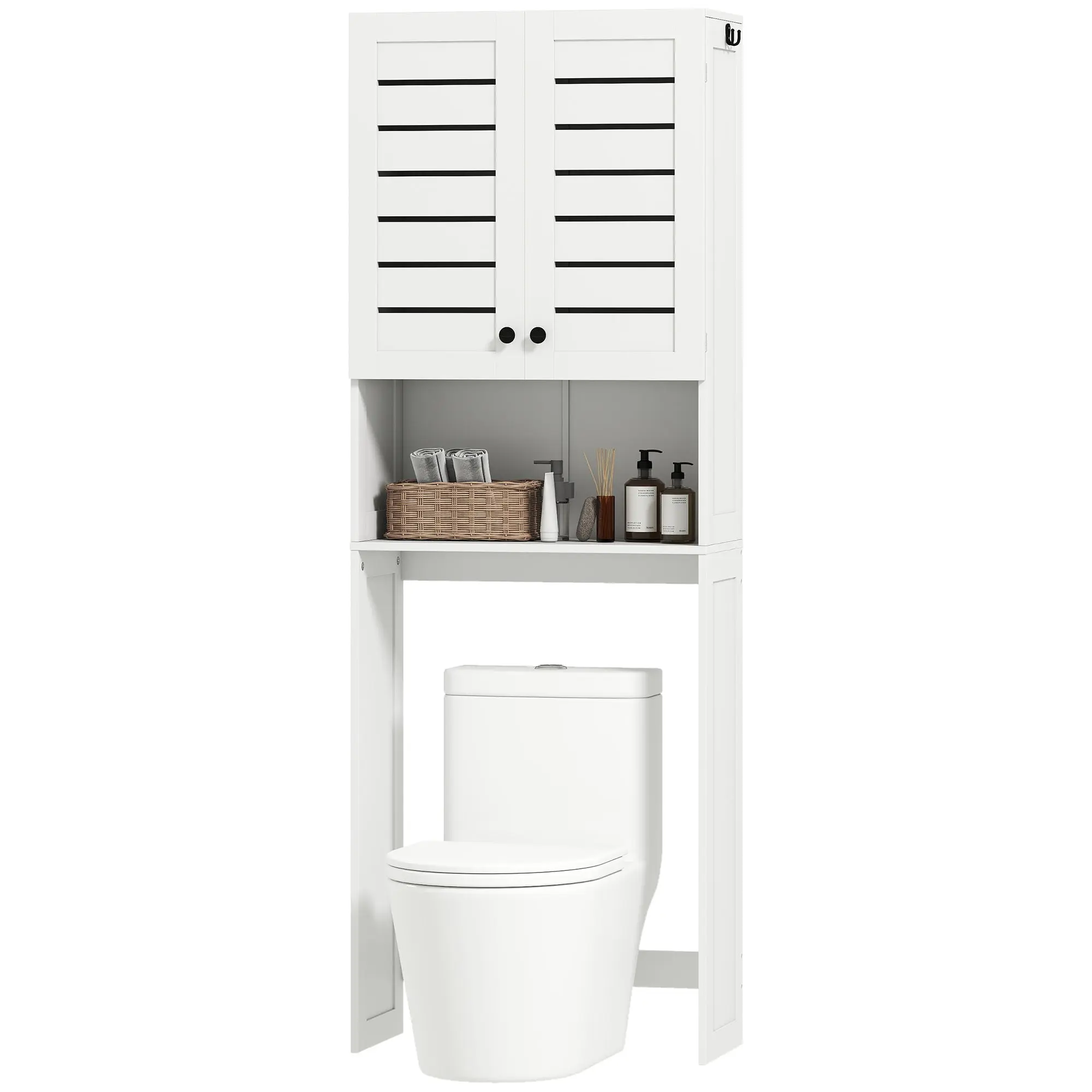 Meuble WC dessus de toilette/machine à laver avec placard à porte double, étagères, meuble toilettes WC rangement armoire salle de bain avec niches et portes à persiennes, 67x31,5x190cm, blanc
