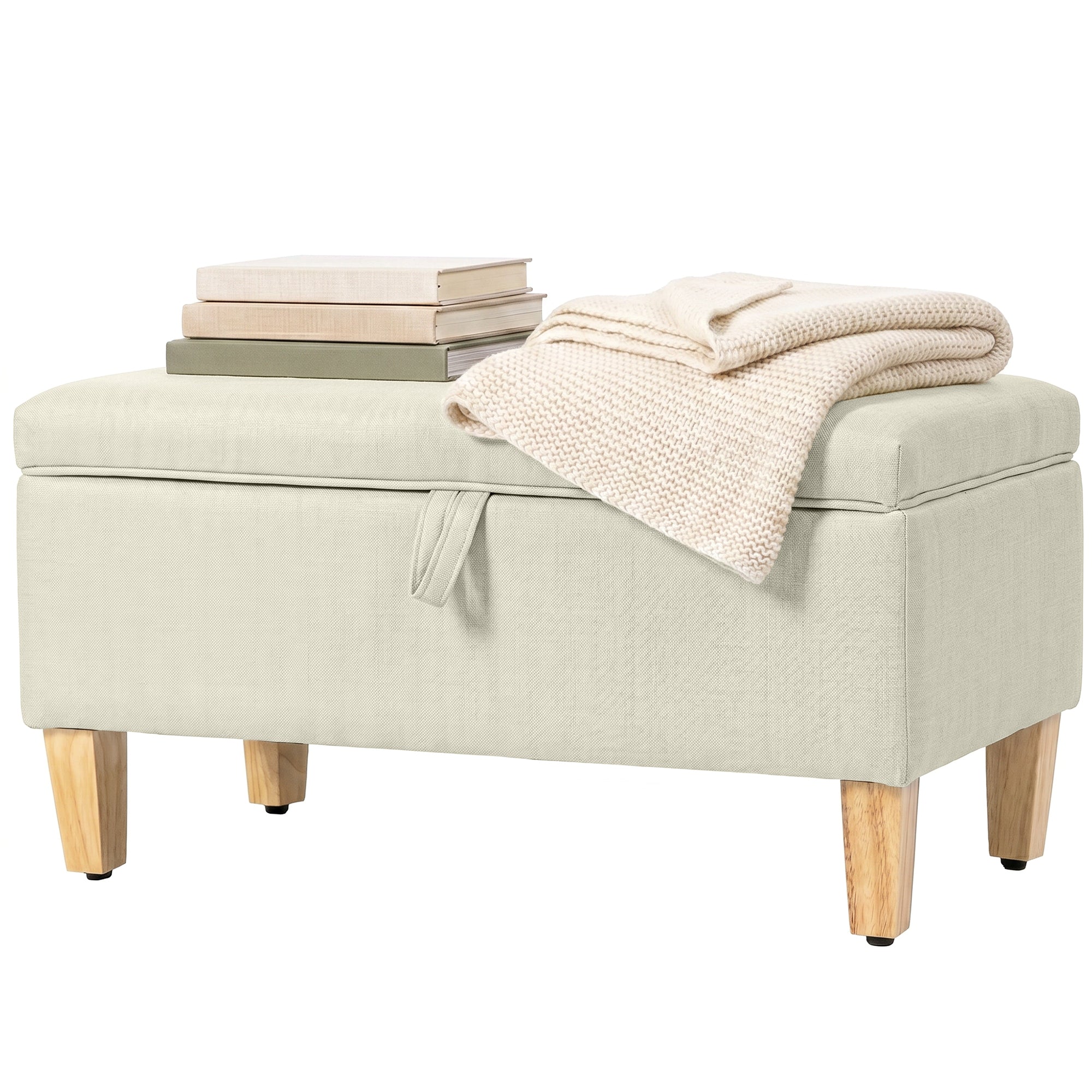Banc de rangement, bout de lit, repose-pieds rembourré en lin avec pieds en bois de caoutchouc, pour salon, chambre, entrée, 71 x 37 x 36 cm, beige