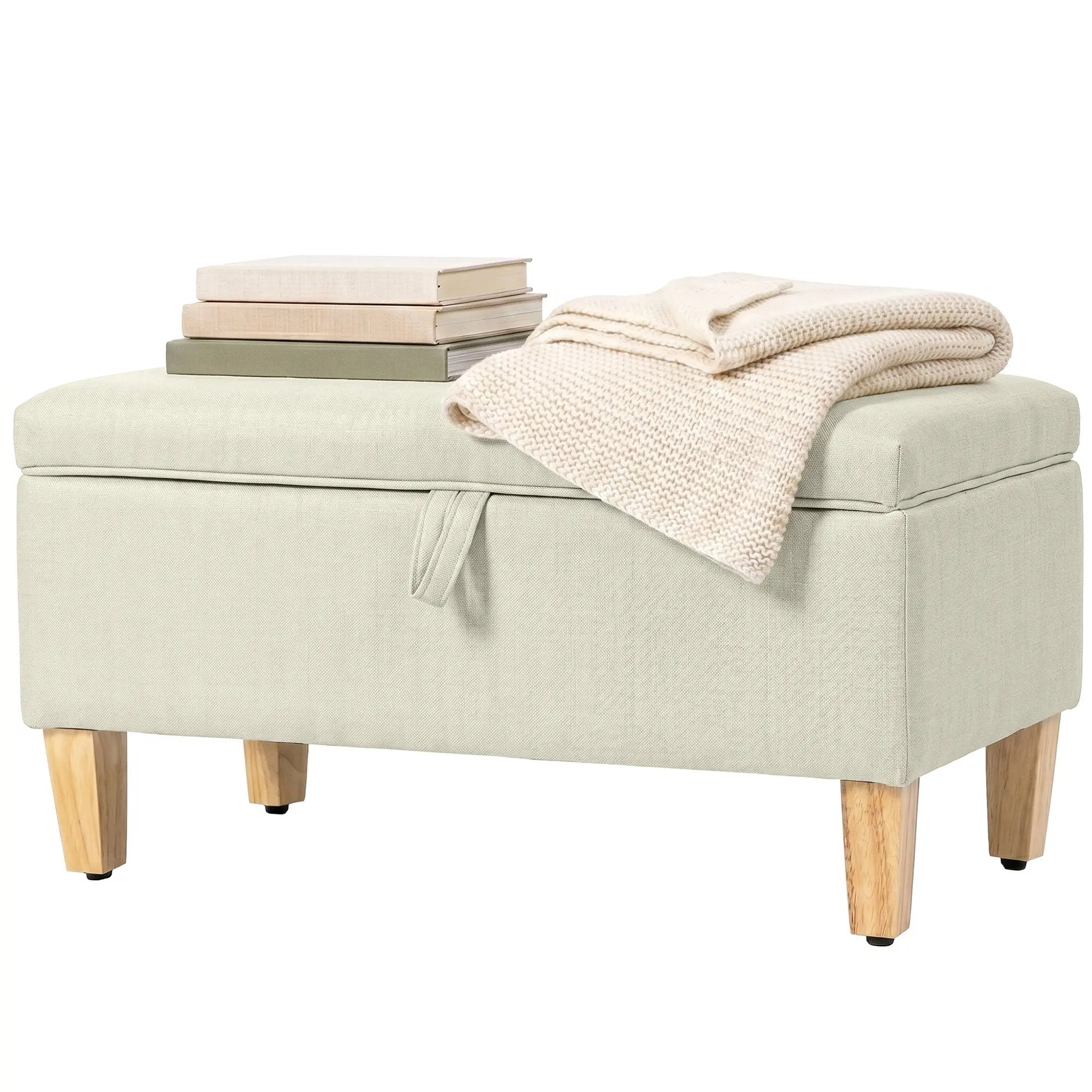 Banc de rangement, bout de lit, repose-pieds rembourré en lin avec pieds en bois de caoutchouc, pour salon, chambre, entrée, 71 x 37 x 36 cm, beige