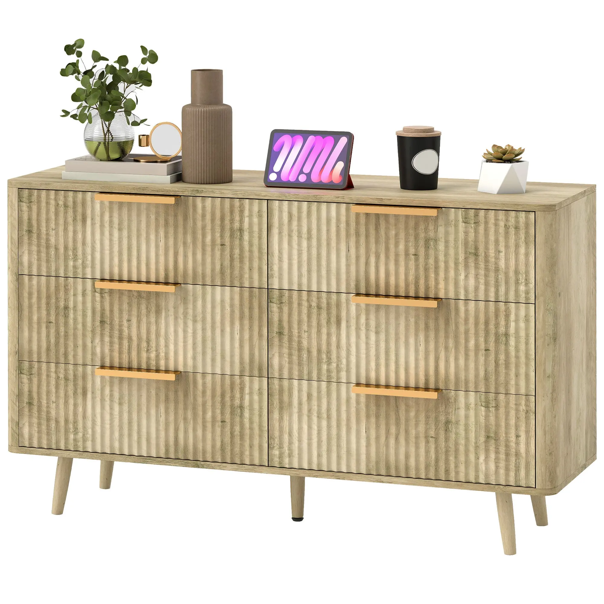 Commode 6 tiroirs meuble de rangement style scandinave avec poignées et pieds de pin, bois effet cannelé, commode chambre à coucher, salon, couloir - 120 x 40 x 76 cm, chêne