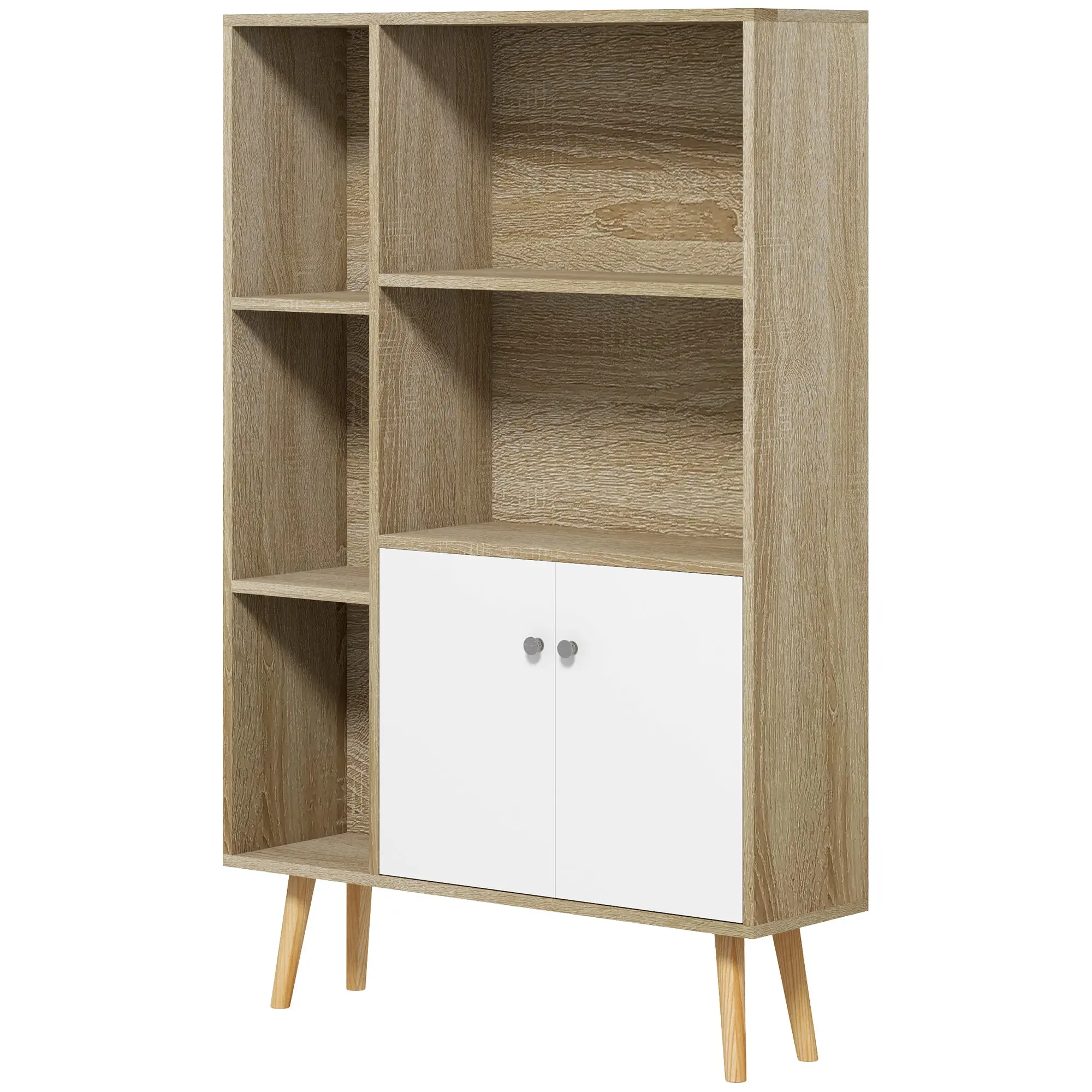 Bibliothèque scandinave meuble de rangement dim. 80L x 23,5l x 123H cm 5 niches placard 2 portes pieds effilés inclinés bois massif Chêne