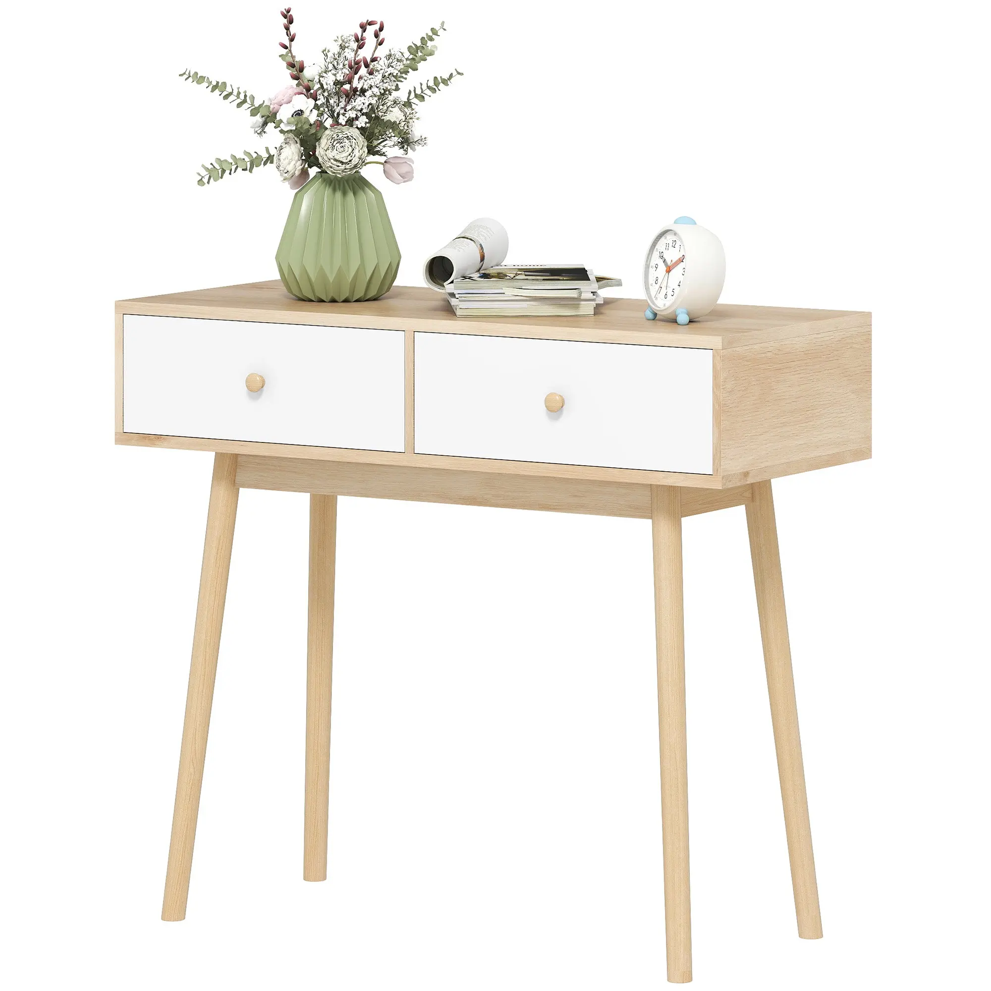 Console meuble, table console, console entrée style moderne, table d'entrée étroite avec 2 tiroirs et pieds en bois, bout de canapé, pour salon, entrée, couloir, 86 x 35 x 75 cm, chêne et blanc