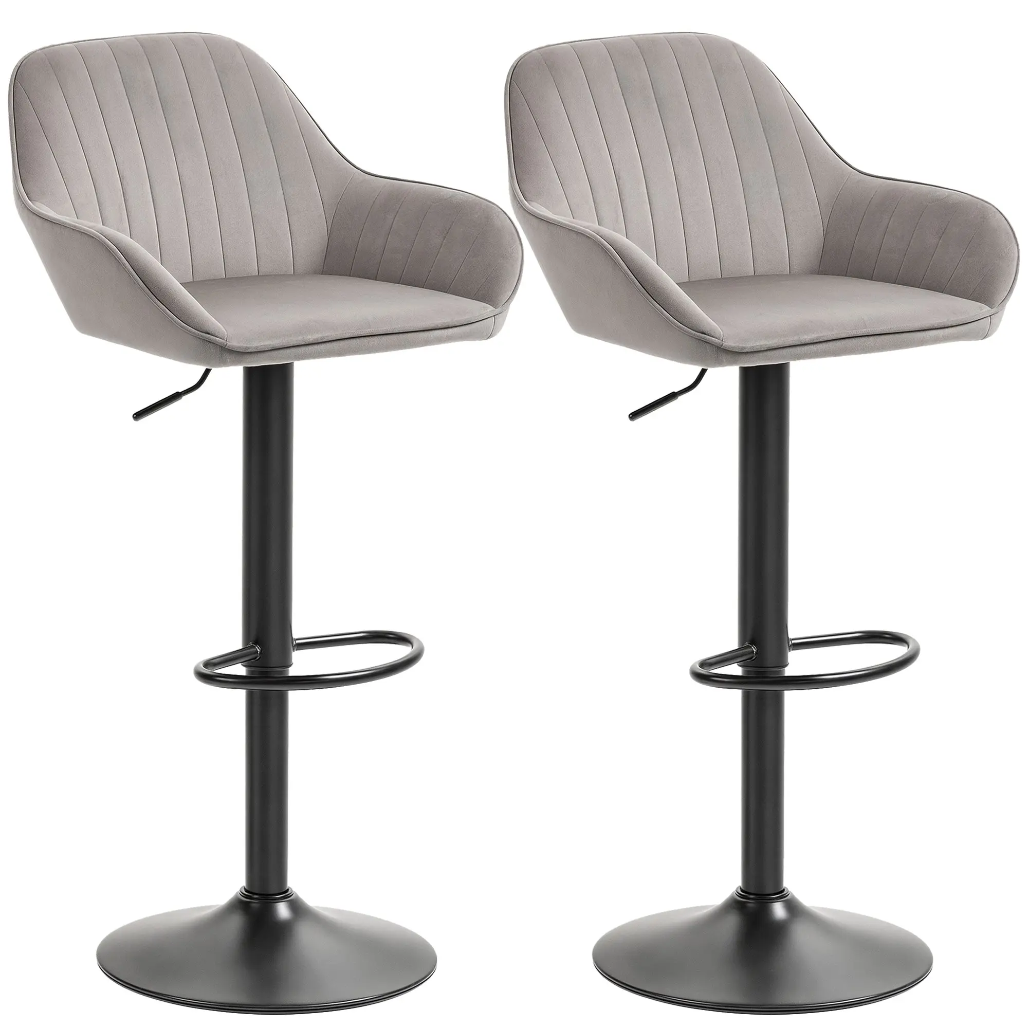 Lot de 2 tabourets de bar, chaises de bar en velours contemporain avec dossier et repose-pieds, chaise haute cuisine réglable en hauteur et pivotante à 360°, pour cuisine, comptoir, gris