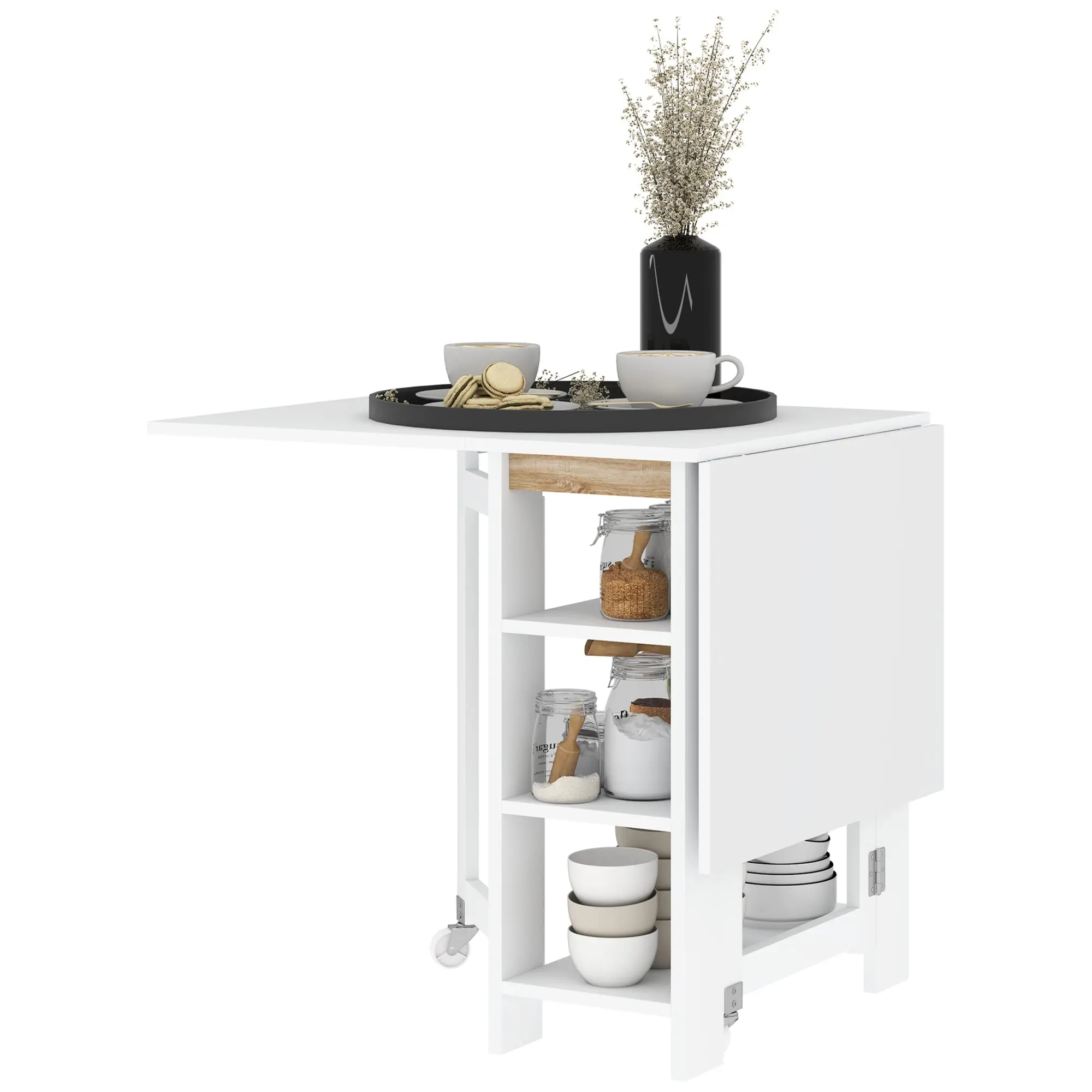 Table à manger pliable, table pliante cuisine, sur roulettes, avec 2 abattants et 3 étagères, design moderne, table de cuisine pour petits espaces, 120 x 60 x 75 cm, blanc