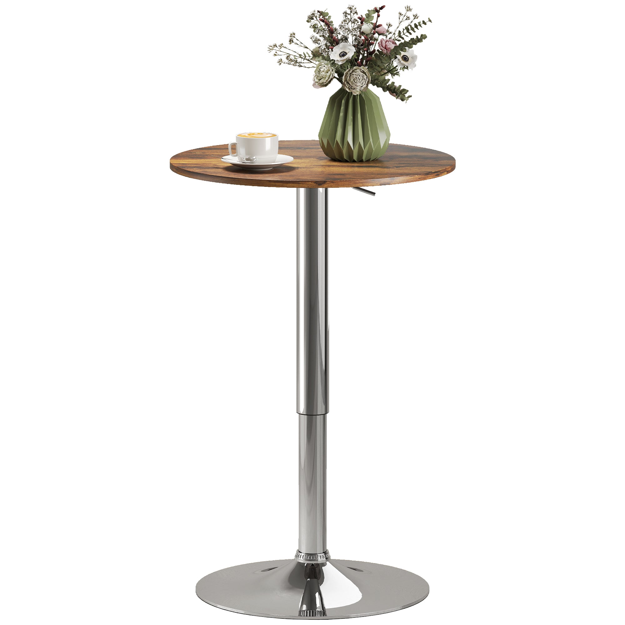 Table de Bar Table Bistro Mange-debout Chic Style Contemporain Hauteur réglable 67-93 cm Ø 60 cm Plateau pivotant 360° métal chromé marron