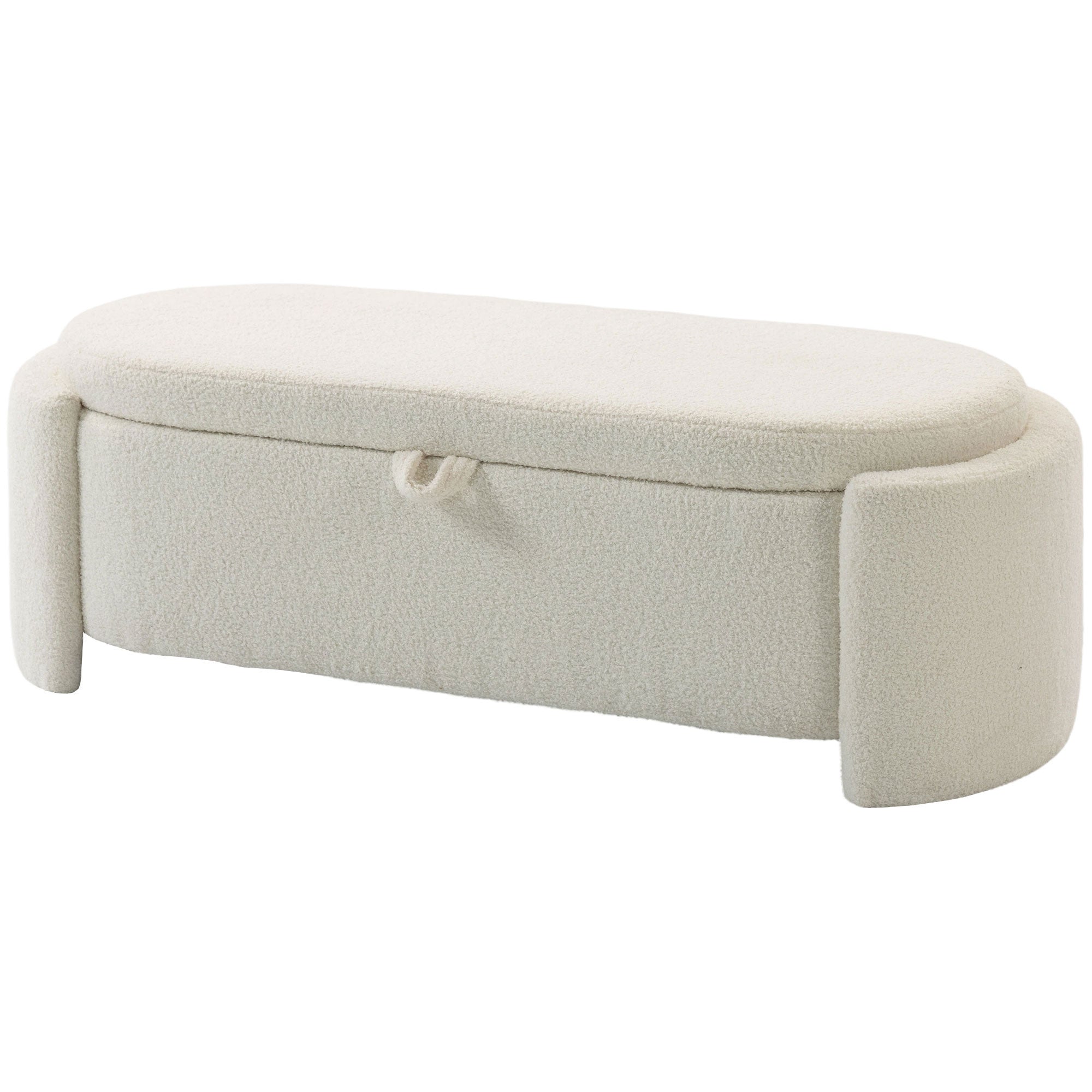 Banc de rangement, bout de lit ovale, repose-pieds rembourré en polaire Teddy avec assise large, charge 200 Kg, coffre de rangement pour salon, chambre, entrée, 129 x 48,5 x 44 cm, crème