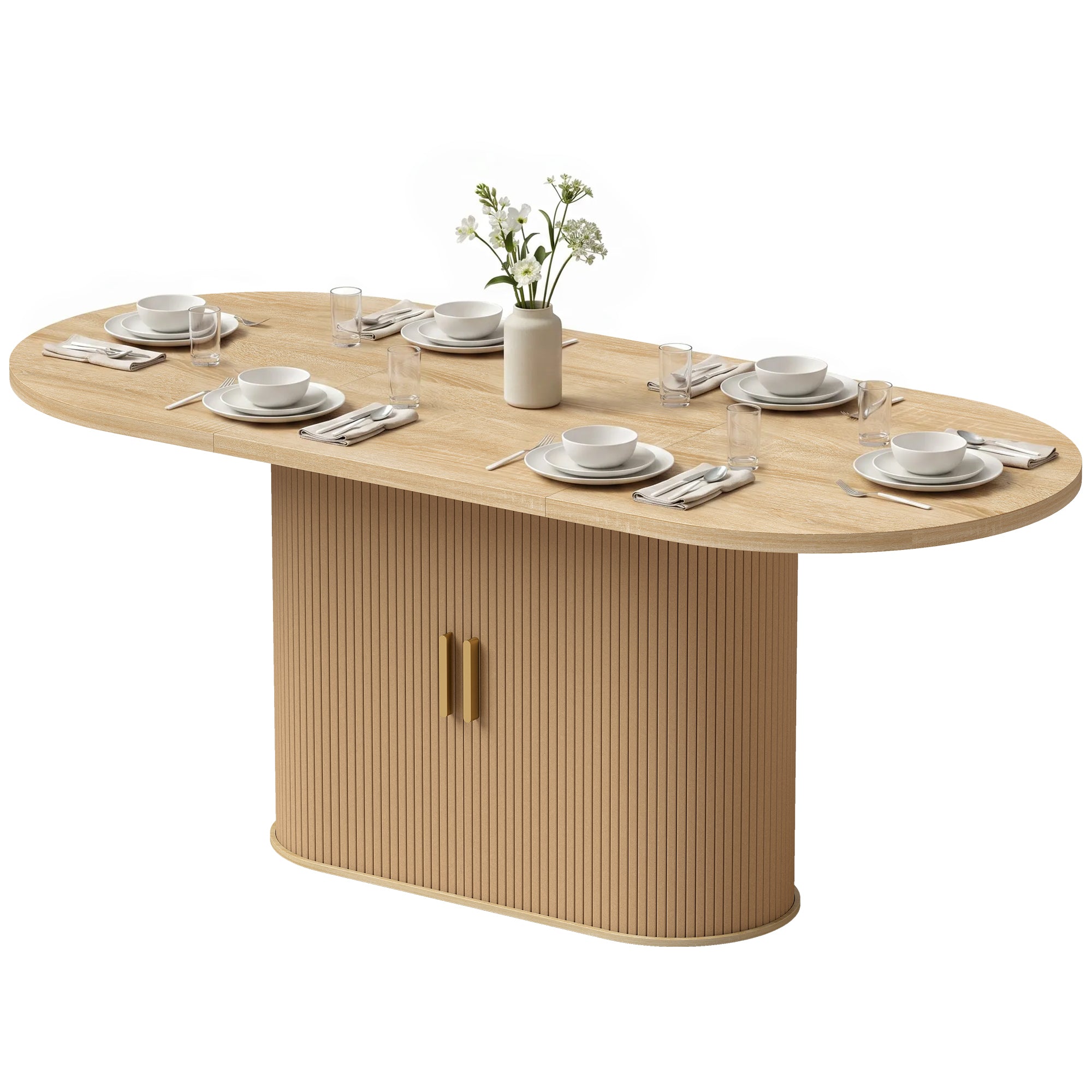 Table à Manger Ovale pour 6 personnes, 180x80x75cm - Table de Cuisine Moderne avec Portes Coulissantes, 6 Compartiments - Style Farmhouse Moderne, pour Salle à Manger, Cuisine, Salon, Chêne